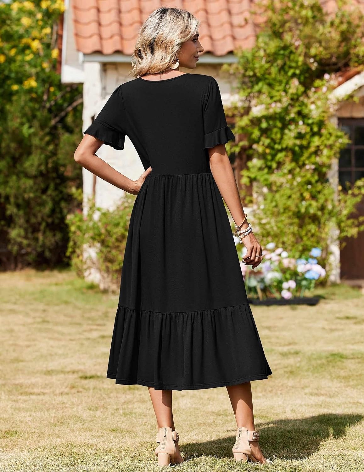image:imageZeagoo Womens Summer Dresses 2026 Casual Midi Dress Flowy Sundress Ruffle Short Sleeve Tiered Dresses A Line Boho DressAblack