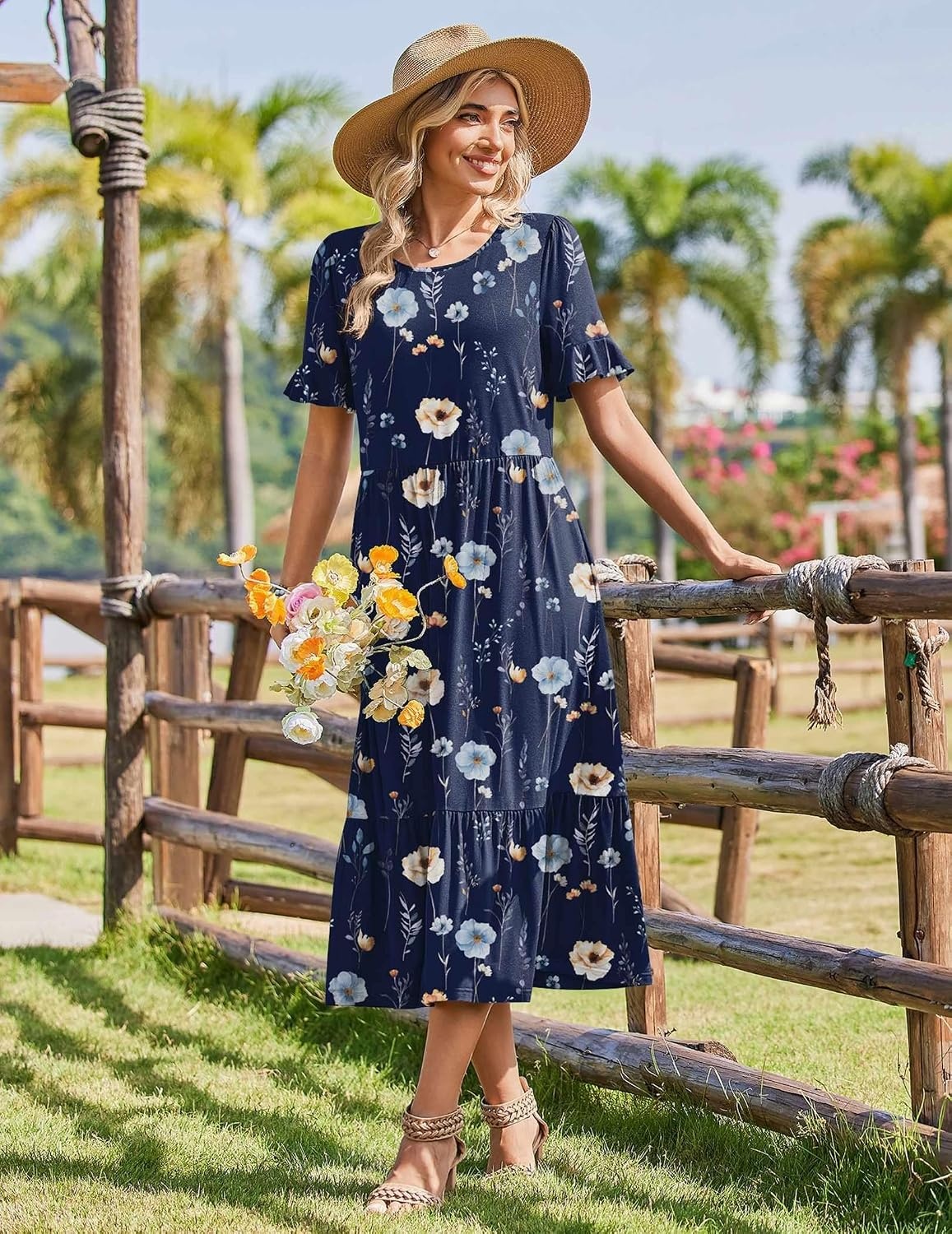 image:imageZeagoo Womens Summer Dresses 2026 Casual Midi Dress Flowy Sundress Ruffle Short Sleeve Tiered Dresses A Line Boho DressAnavy Floral 01