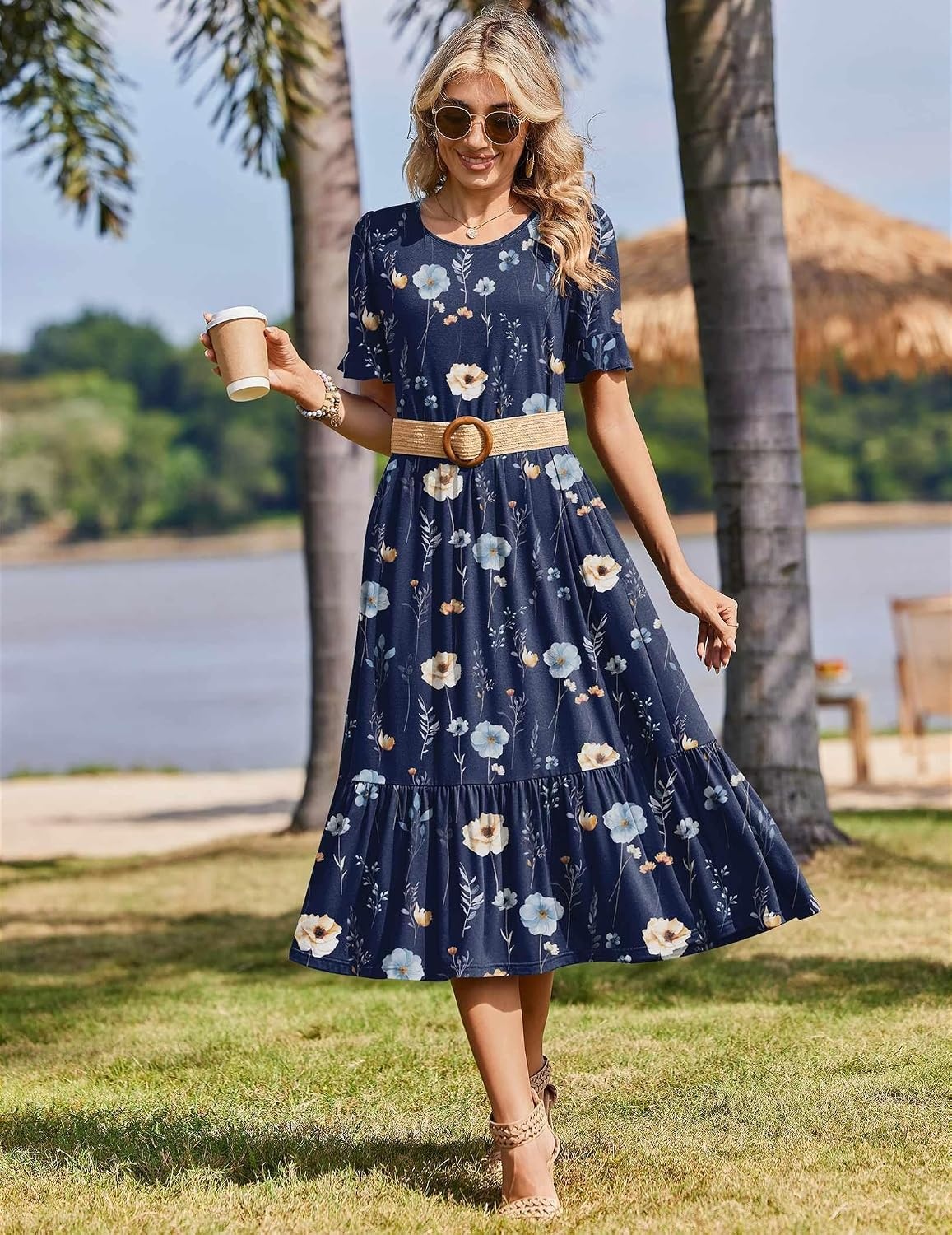 image:imageZeagoo Womens Summer Dresses 2026 Casual Midi Dress Flowy Sundress Ruffle Short Sleeve Tiered Dresses A Line Boho DressAnavy Floral 01