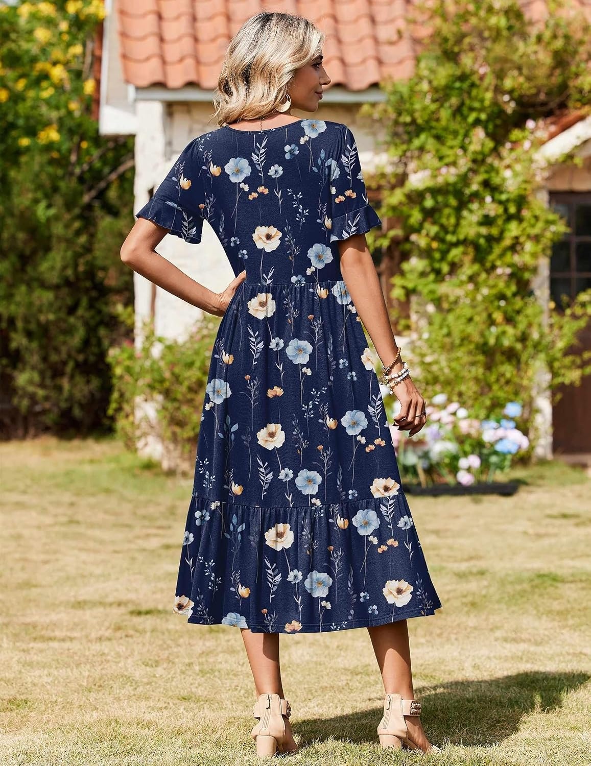 image:imageZeagoo Womens Summer Dresses 2026 Casual Midi Dress Flowy Sundress Ruffle Short Sleeve Tiered Dresses A Line Boho DressAnavy Floral 01