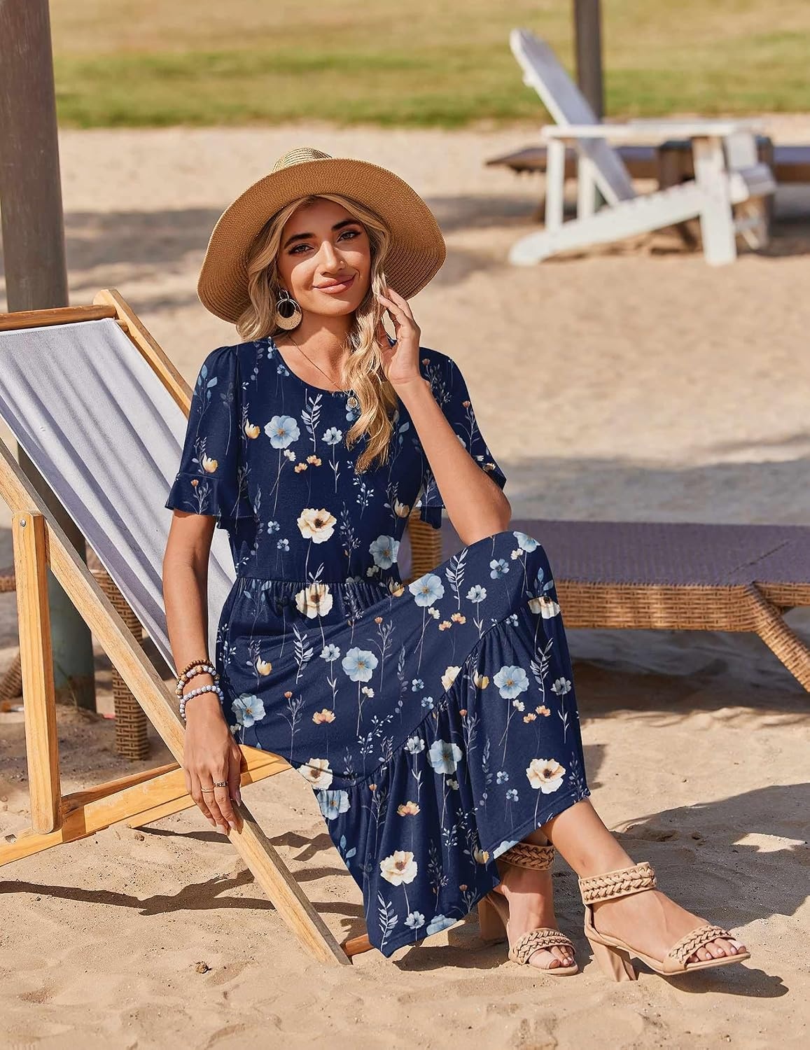 image:imageZeagoo Womens Summer Dresses 2026 Casual Midi Dress Flowy Sundress Ruffle Short Sleeve Tiered Dresses A Line Boho DressAnavy Floral 01