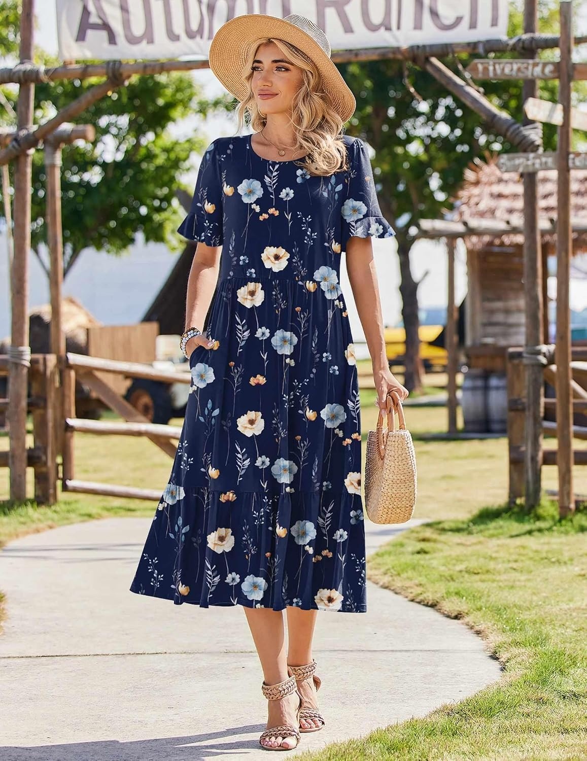 image:imageZeagoo Womens Summer Dresses 2026 Casual Midi Dress Flowy Sundress Ruffle Short Sleeve Tiered Dresses A Line Boho DressAnavy Floral 01