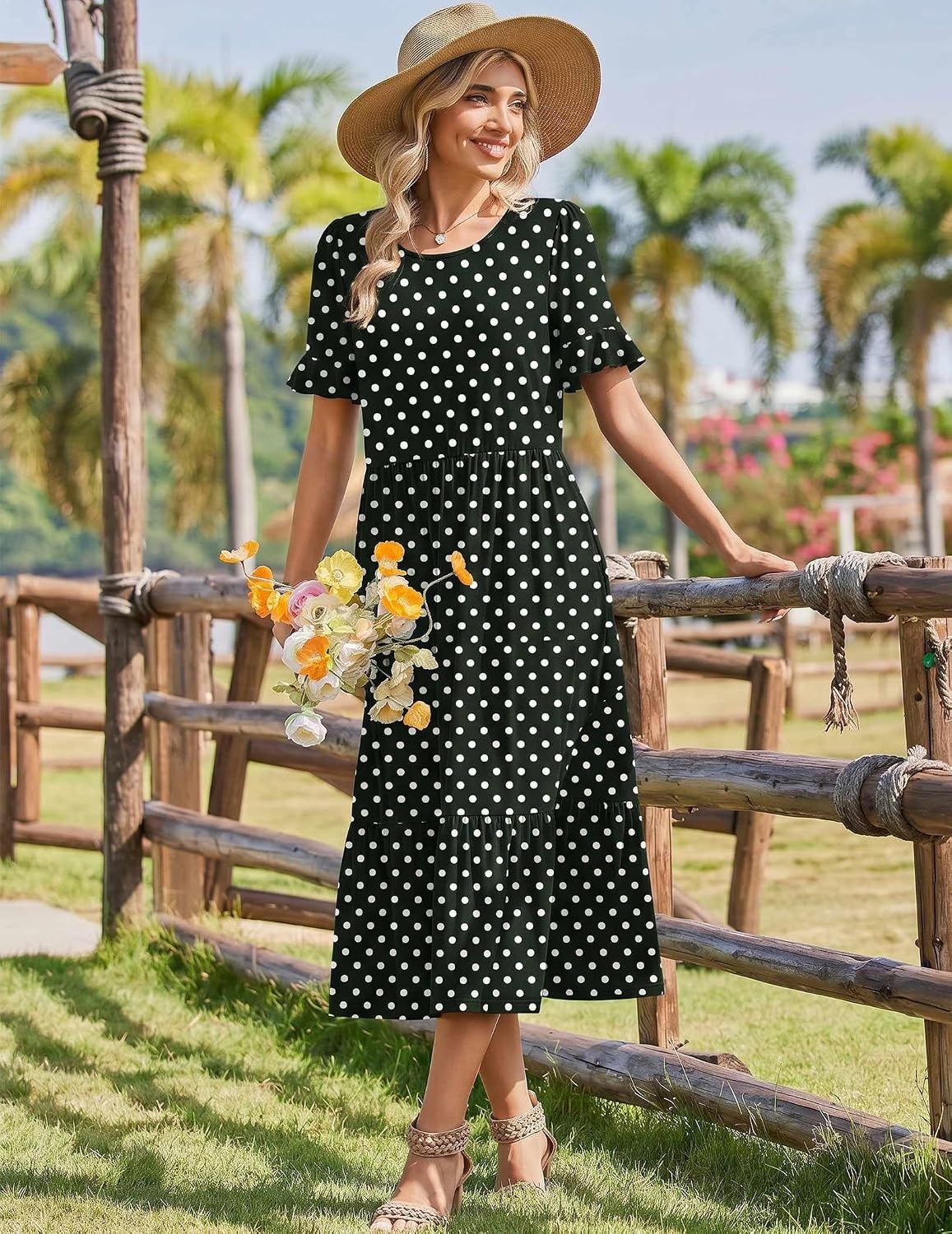 image:imageZeagoo Womens Summer Dresses 2026 Casual Midi Dress Flowy Sundress Ruffle Short Sleeve Tiered Dresses A Line Boho DressBlack Dot