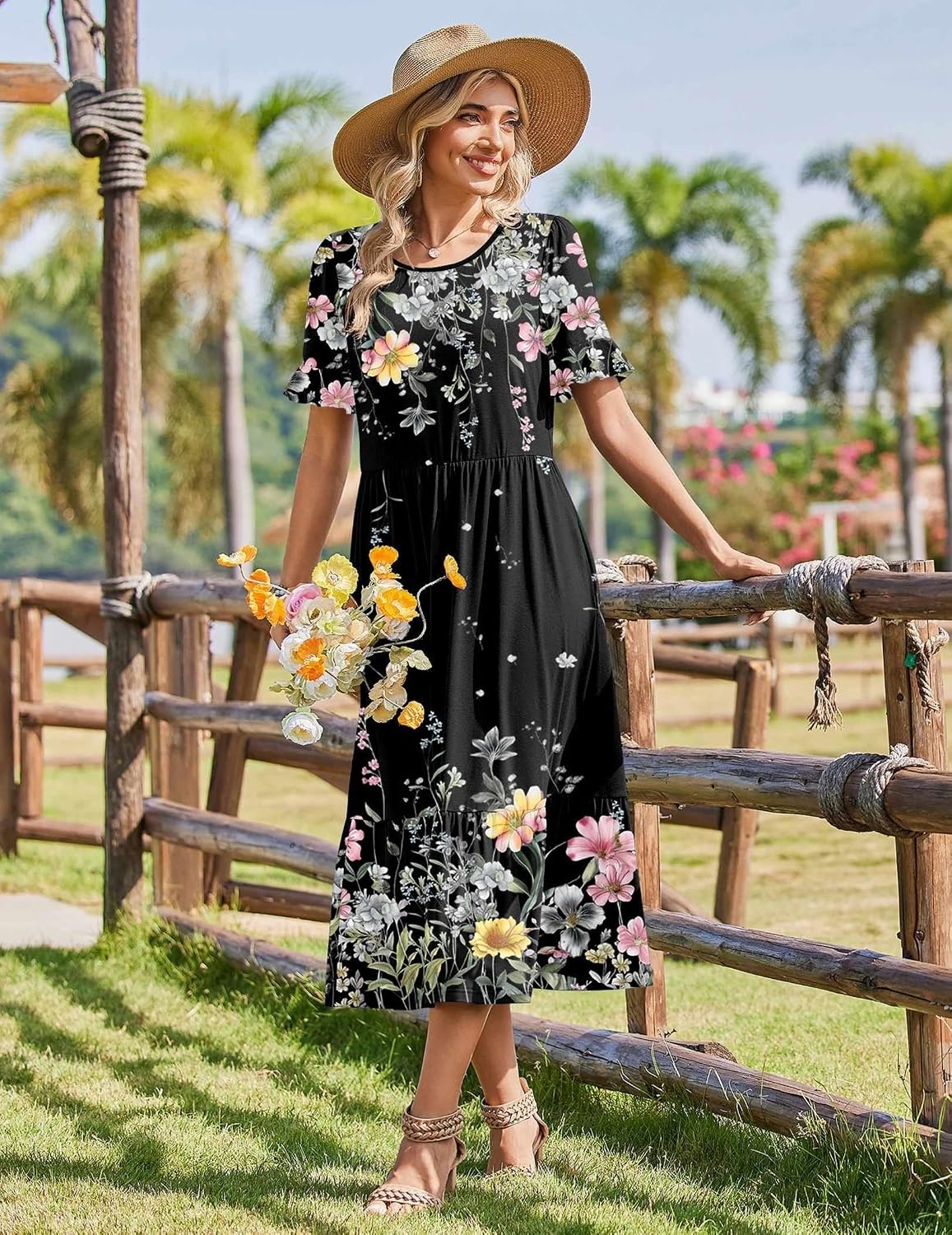 image:imageZeagoo Womens Summer Dresses 2026 Casual Midi Dress Flowy Sundress Ruffle Short Sleeve Tiered Dresses A Line Boho DressBlack Floral