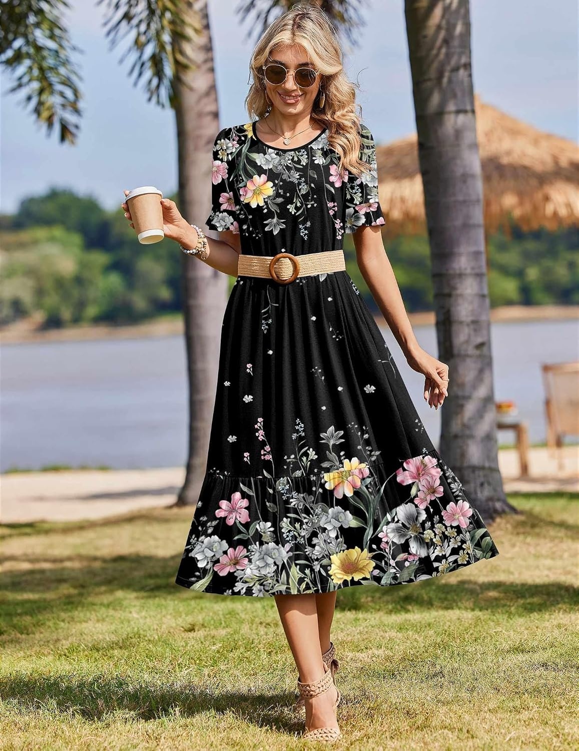image:imageZeagoo Womens Summer Dresses 2026 Casual Midi Dress Flowy Sundress Ruffle Short Sleeve Tiered Dresses A Line Boho DressBlack Floral