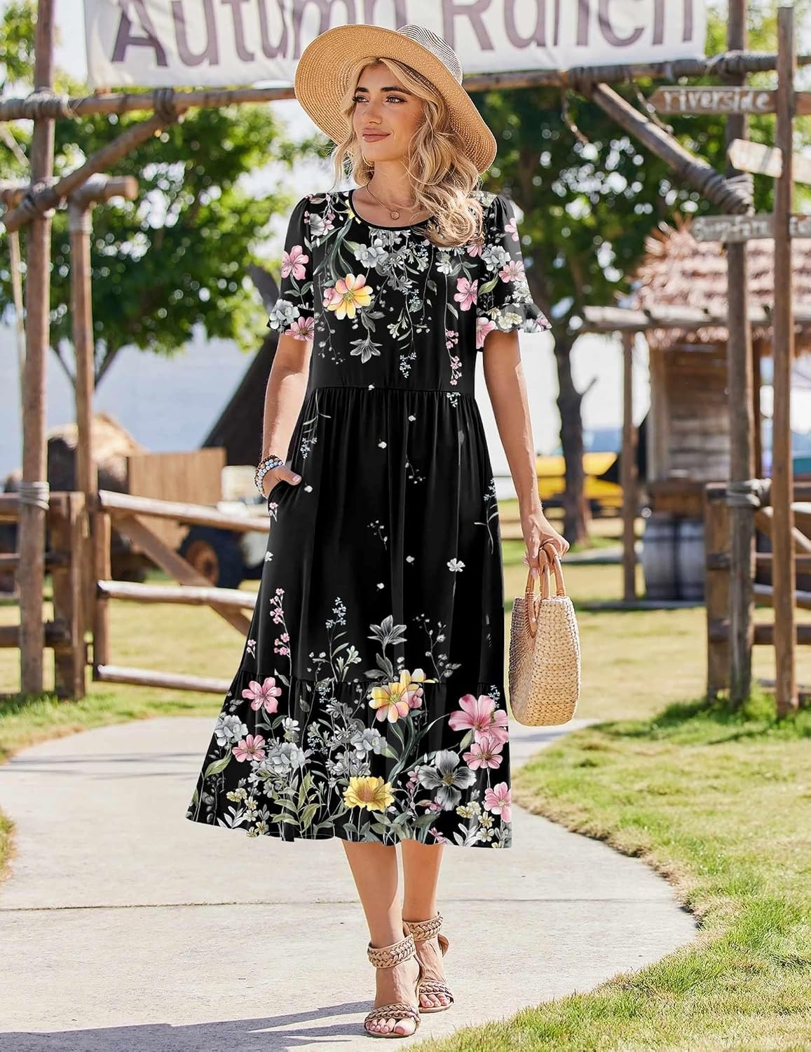 image:imageZeagoo Womens Summer Dresses 2026 Casual Midi Dress Flowy Sundress Ruffle Short Sleeve Tiered Dresses A Line Boho DressBlack Floral