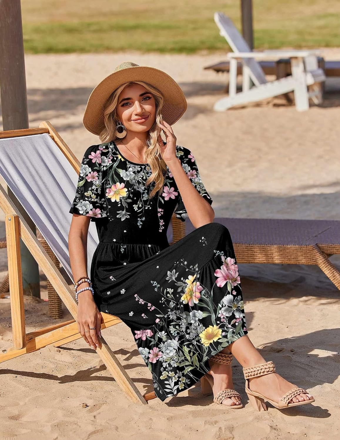image:imageZeagoo Womens Summer Dresses 2026 Casual Midi Dress Flowy Sundress Ruffle Short Sleeve Tiered Dresses A Line Boho DressBlack Floral