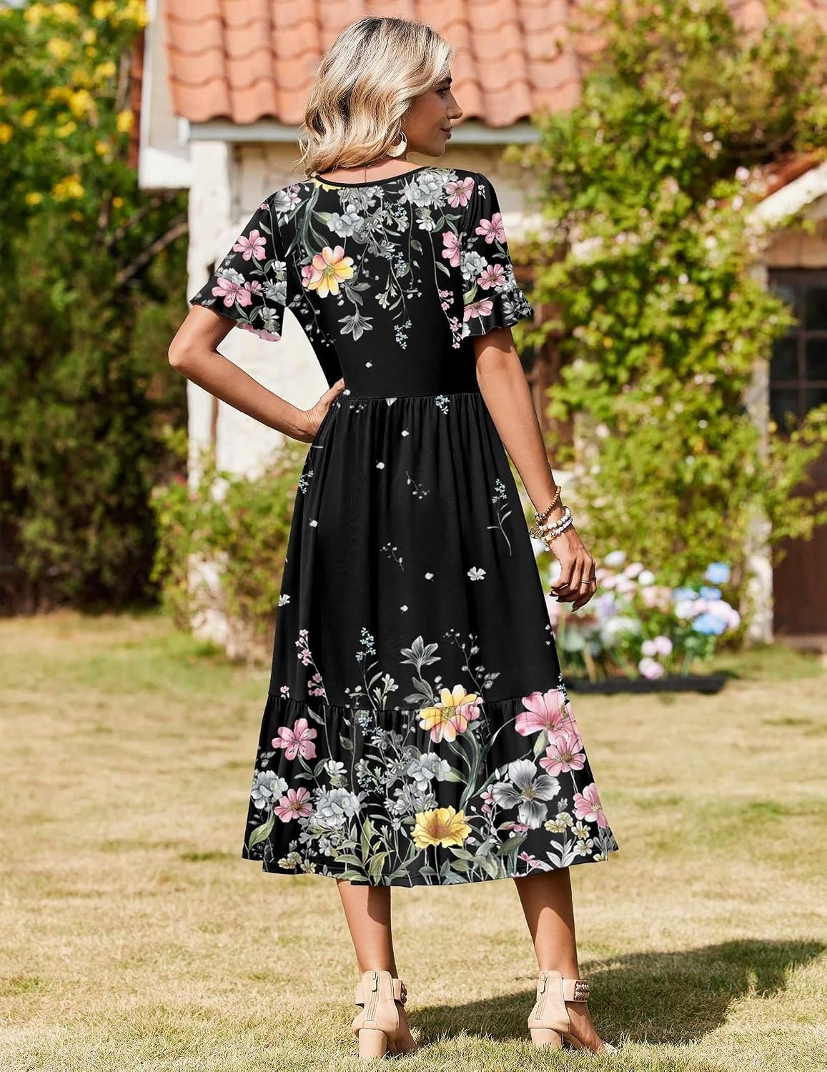 image:imageZeagoo Womens Summer Dresses 2026 Casual Midi Dress Flowy Sundress Ruffle Short Sleeve Tiered Dresses A Line Boho DressBlack Floral