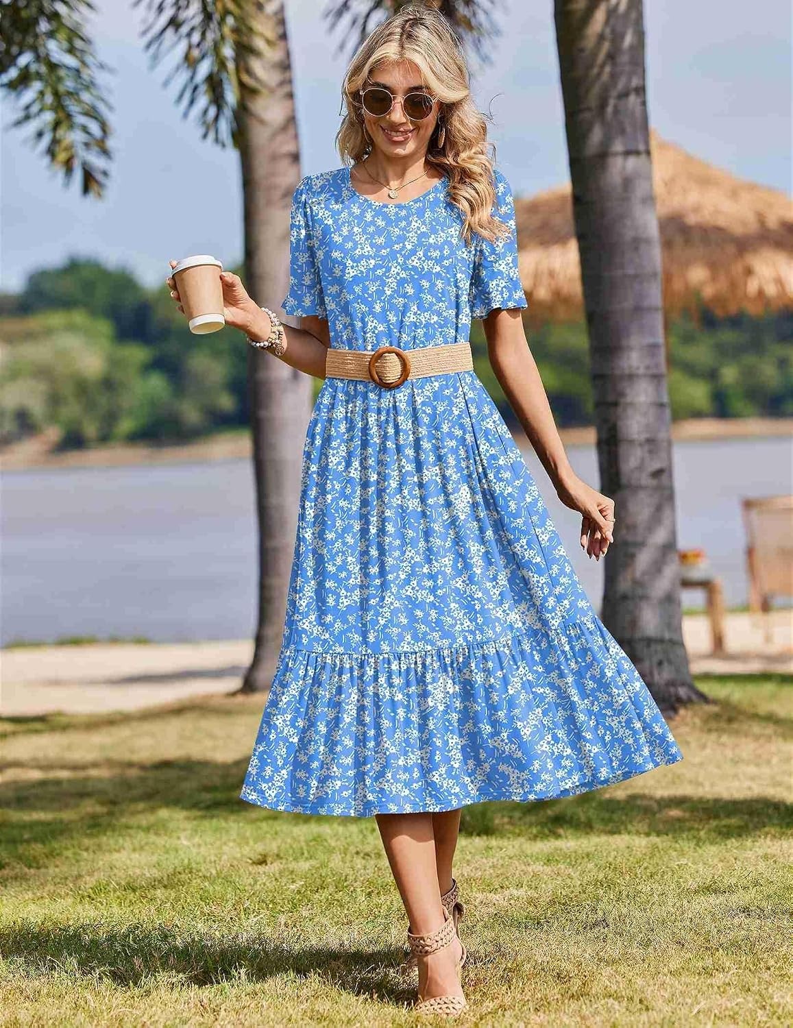 image:imageZeagoo Womens Summer Dresses 2026 Casual Midi Dress Flowy Sundress Ruffle Short Sleeve Tiered Dresses A Line Boho DressBlue Floral