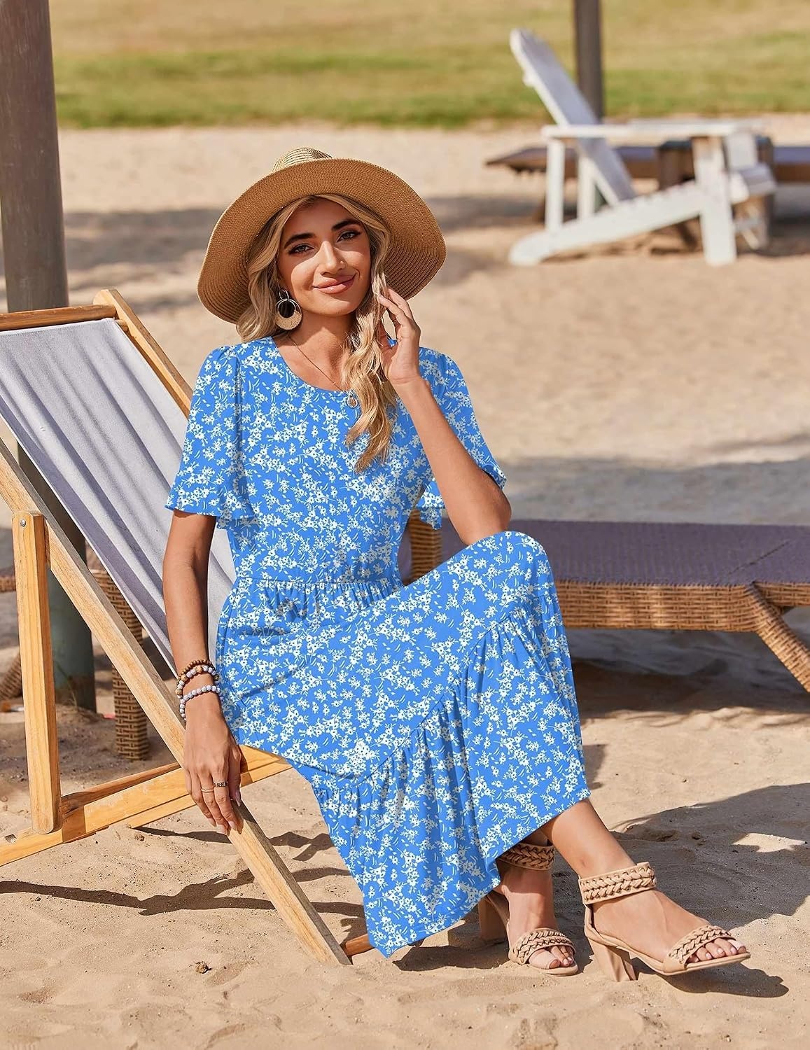 image:imageZeagoo Womens Summer Dresses 2026 Casual Midi Dress Flowy Sundress Ruffle Short Sleeve Tiered Dresses A Line Boho DressBlue Floral