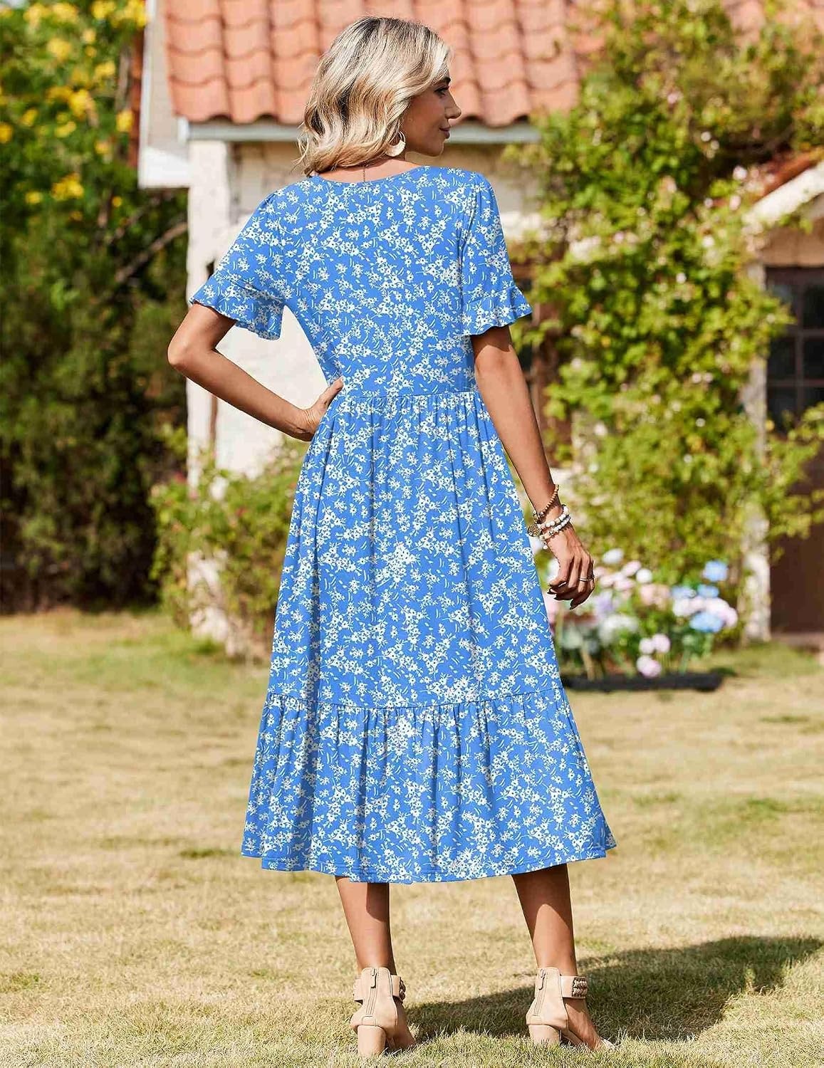 image:imageZeagoo Womens Summer Dresses 2026 Casual Midi Dress Flowy Sundress Ruffle Short Sleeve Tiered Dresses A Line Boho DressBlue Floral