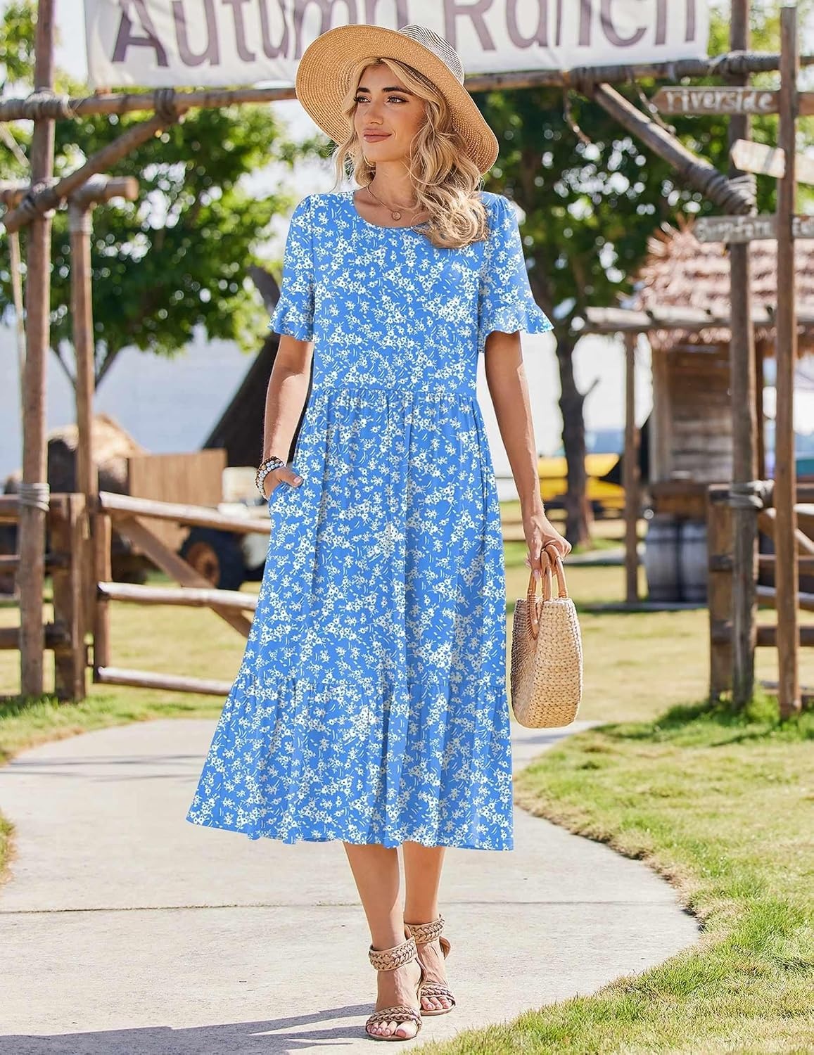 image:imageZeagoo Womens Summer Dresses 2026 Casual Midi Dress Flowy Sundress Ruffle Short Sleeve Tiered Dresses A Line Boho DressBlue Floral