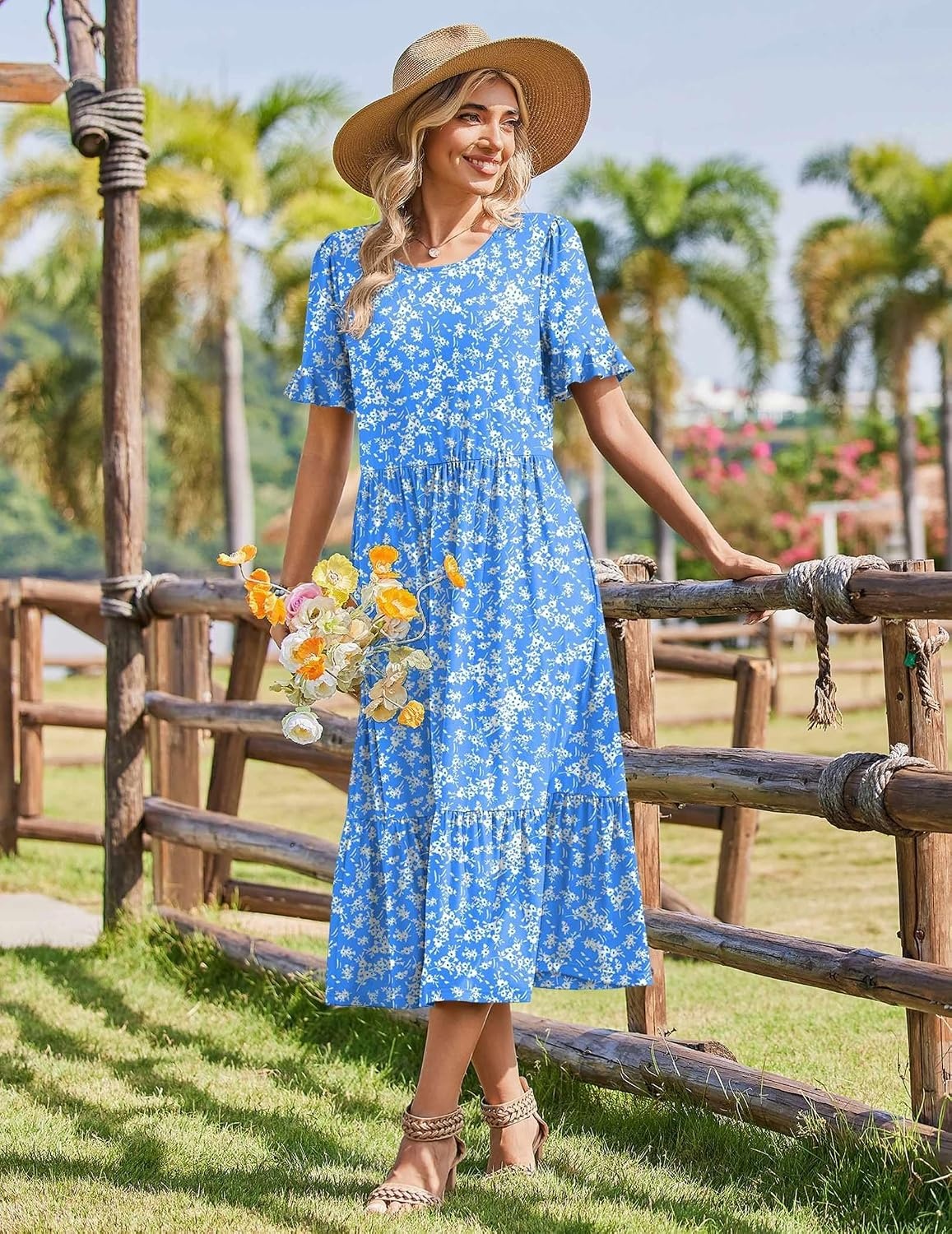 image:imageZeagoo Womens Summer Dresses 2026 Casual Midi Dress Flowy Sundress Ruffle Short Sleeve Tiered Dresses A Line Boho DressBlue Floral