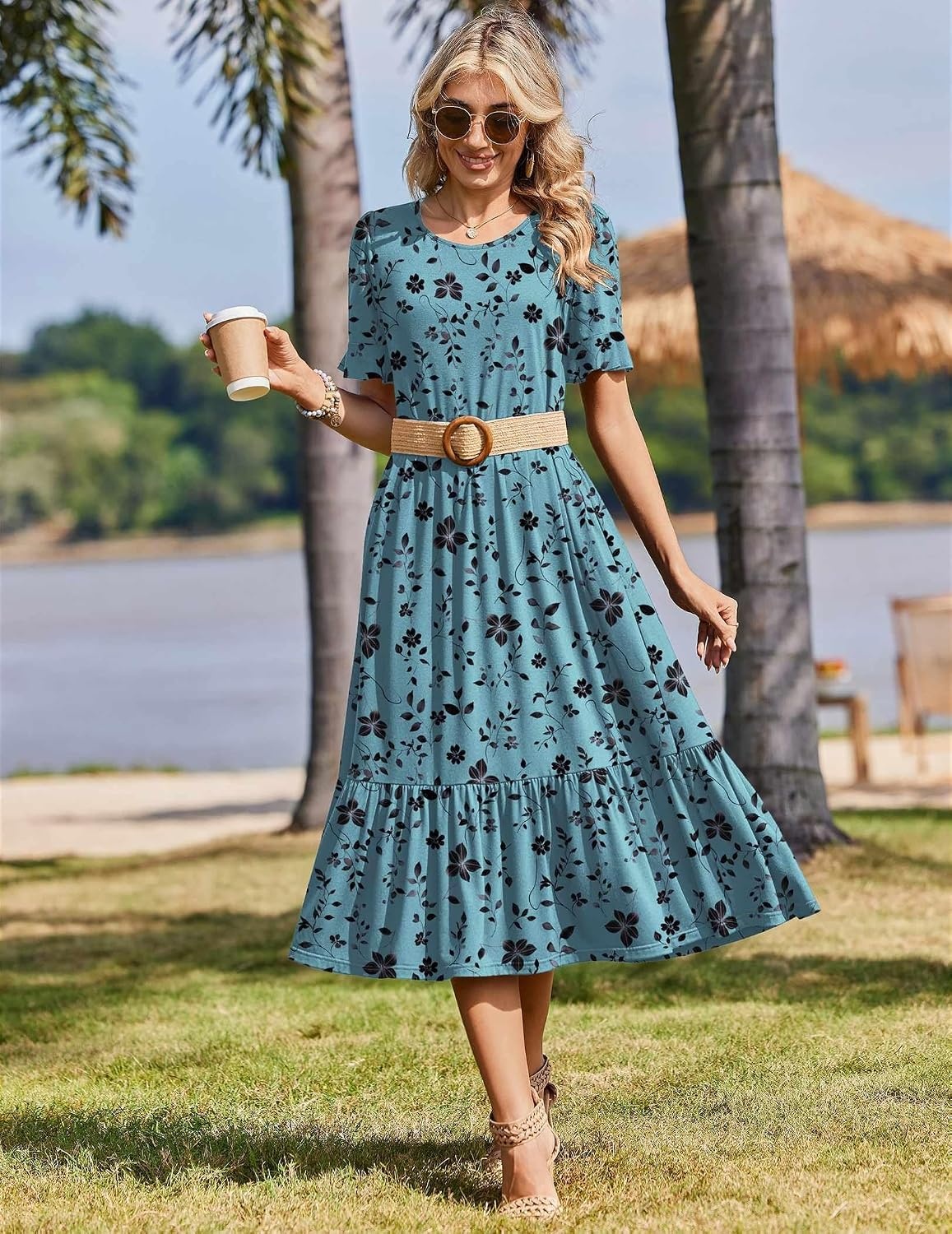 image:imageZeagoo Womens Summer Dresses 2026 Casual Midi Dress Flowy Sundress Ruffle Short Sleeve Tiered Dresses A Line Boho DressBlue Green Floral