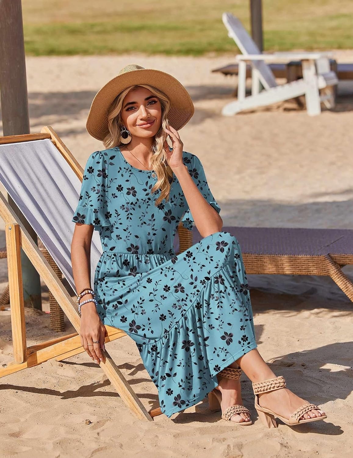 image:imageZeagoo Womens Summer Dresses 2026 Casual Midi Dress Flowy Sundress Ruffle Short Sleeve Tiered Dresses A Line Boho DressBlue Green Floral