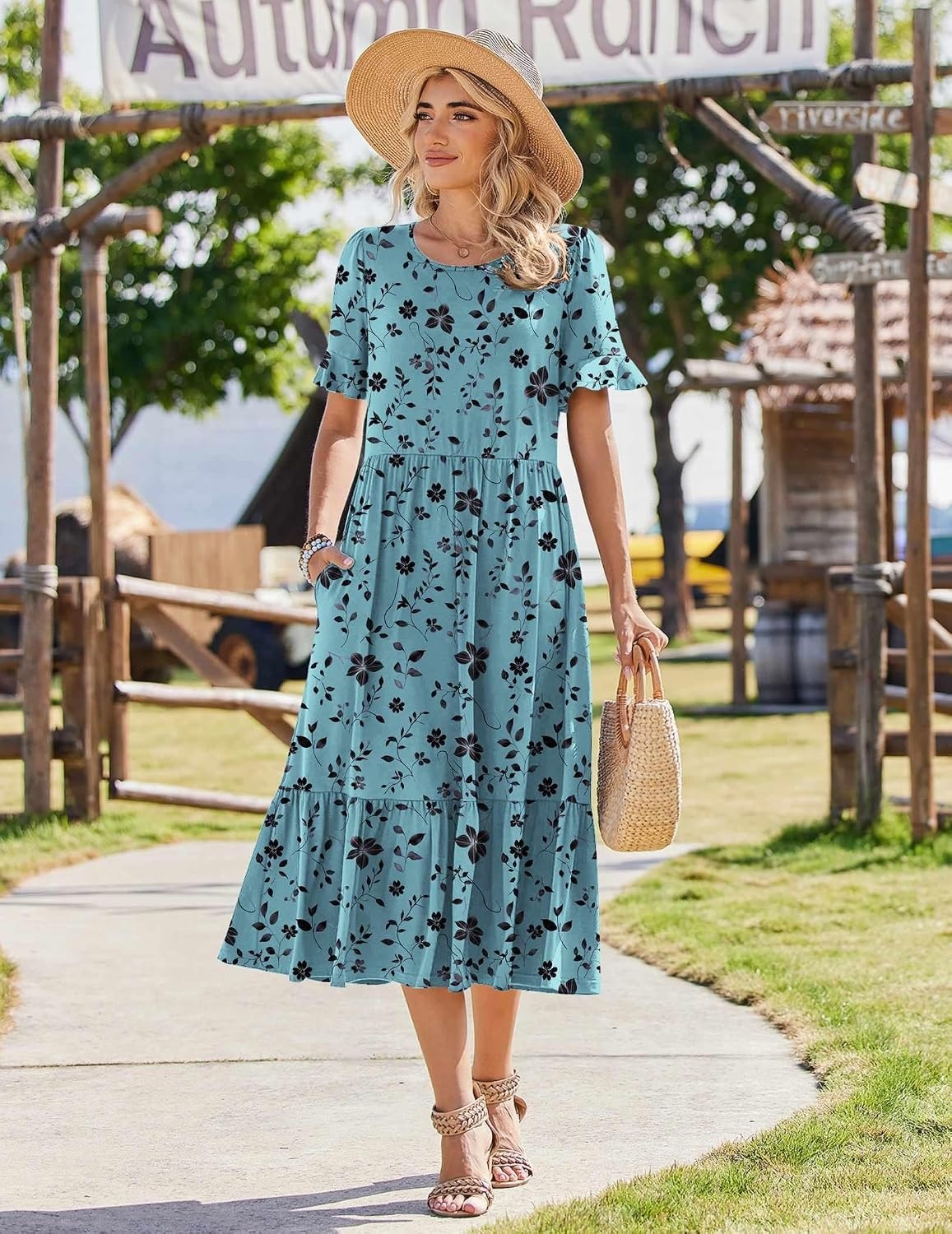 image:imageZeagoo Womens Summer Dresses 2026 Casual Midi Dress Flowy Sundress Ruffle Short Sleeve Tiered Dresses A Line Boho DressBlue Green Floral