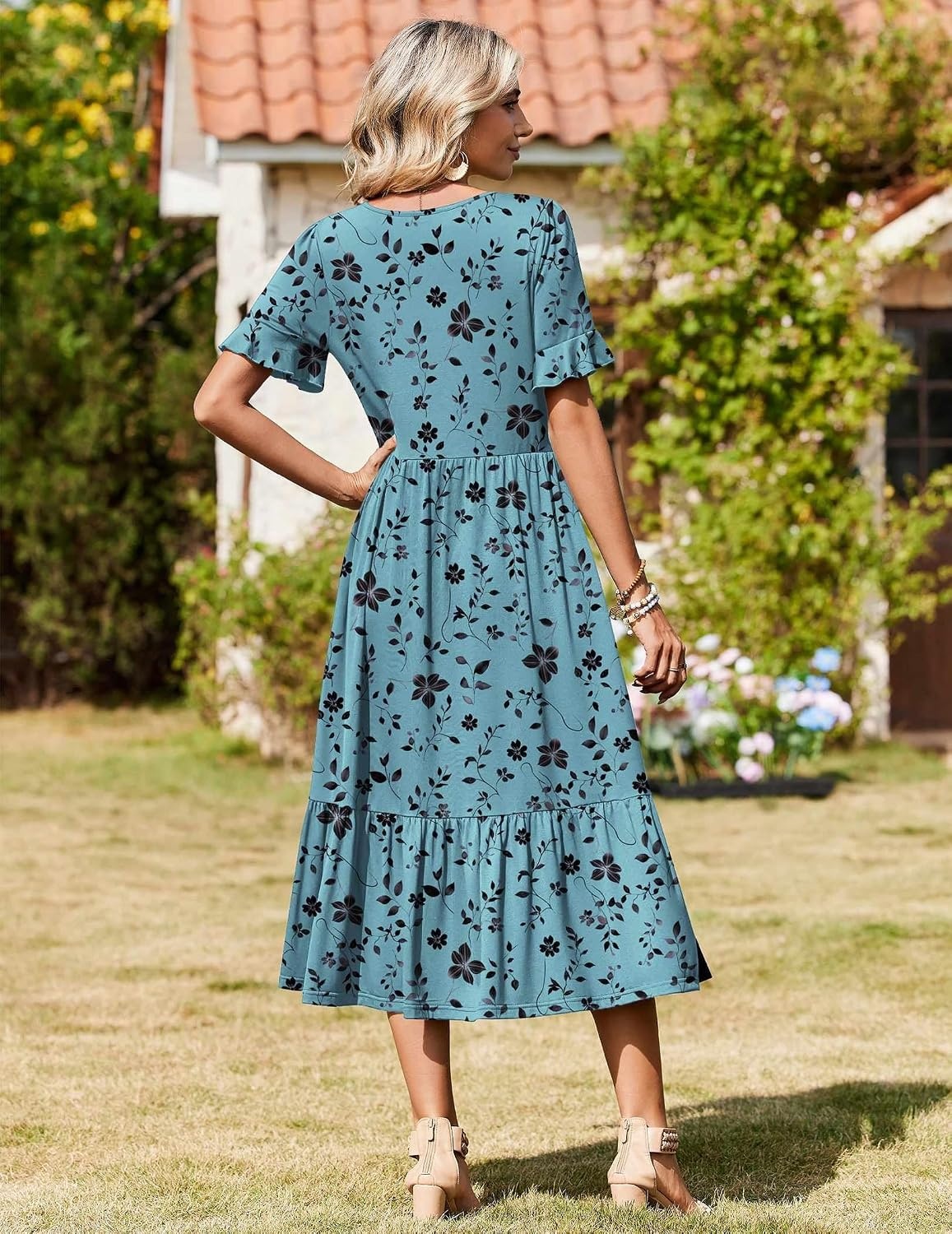 image:imageZeagoo Womens Summer Dresses 2026 Casual Midi Dress Flowy Sundress Ruffle Short Sleeve Tiered Dresses A Line Boho DressBlue Green Floral