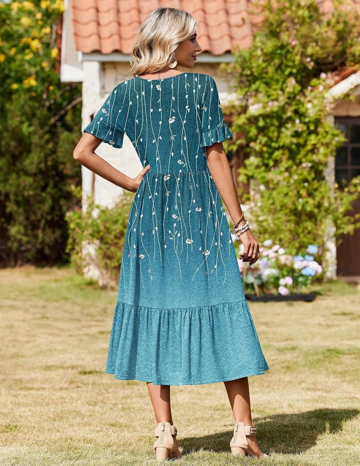 image:imageZeagoo Womens Summer Dresses 2026 Casual Midi Dress Flowy Sundress Ruffle Short Sleeve Tiered Dresses A Line Boho DressBlue Green Printed