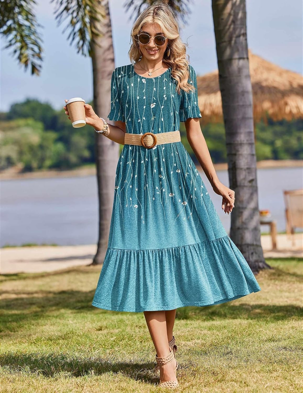 image:imageZeagoo Womens Summer Dresses 2026 Casual Midi Dress Flowy Sundress Ruffle Short Sleeve Tiered Dresses A Line Boho DressBlue Green Printed