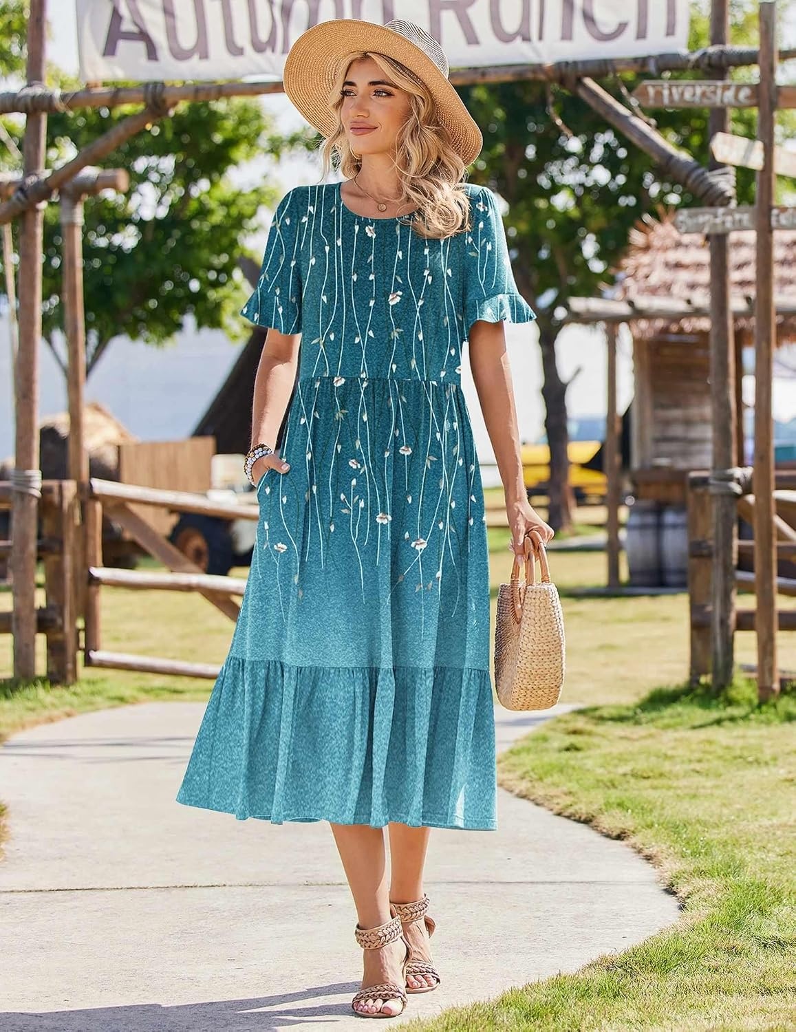 image:imageZeagoo Womens Summer Dresses 2026 Casual Midi Dress Flowy Sundress Ruffle Short Sleeve Tiered Dresses A Line Boho DressBlue Green Printed