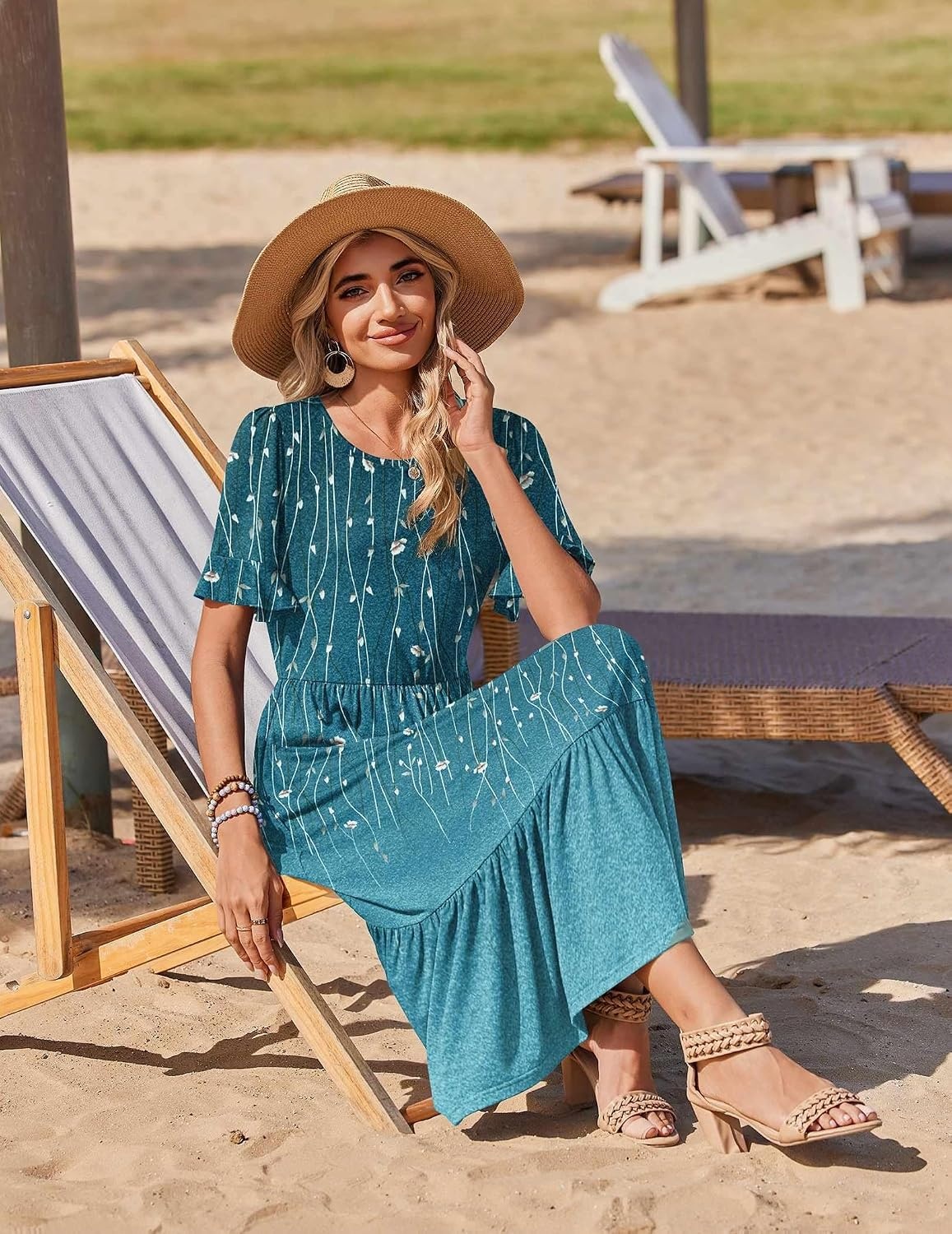 image:imageZeagoo Womens Summer Dresses 2026 Casual Midi Dress Flowy Sundress Ruffle Short Sleeve Tiered Dresses A Line Boho DressBlue Green Printed
