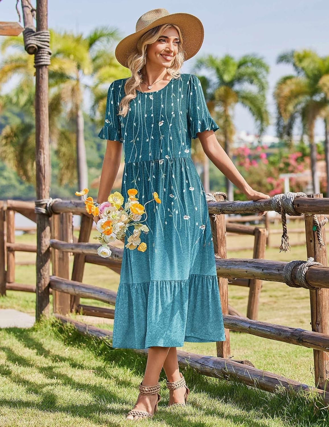 image:imageZeagoo Womens Summer Dresses 2026 Casual Midi Dress Flowy Sundress Ruffle Short Sleeve Tiered Dresses A Line Boho DressBlue Green Printed