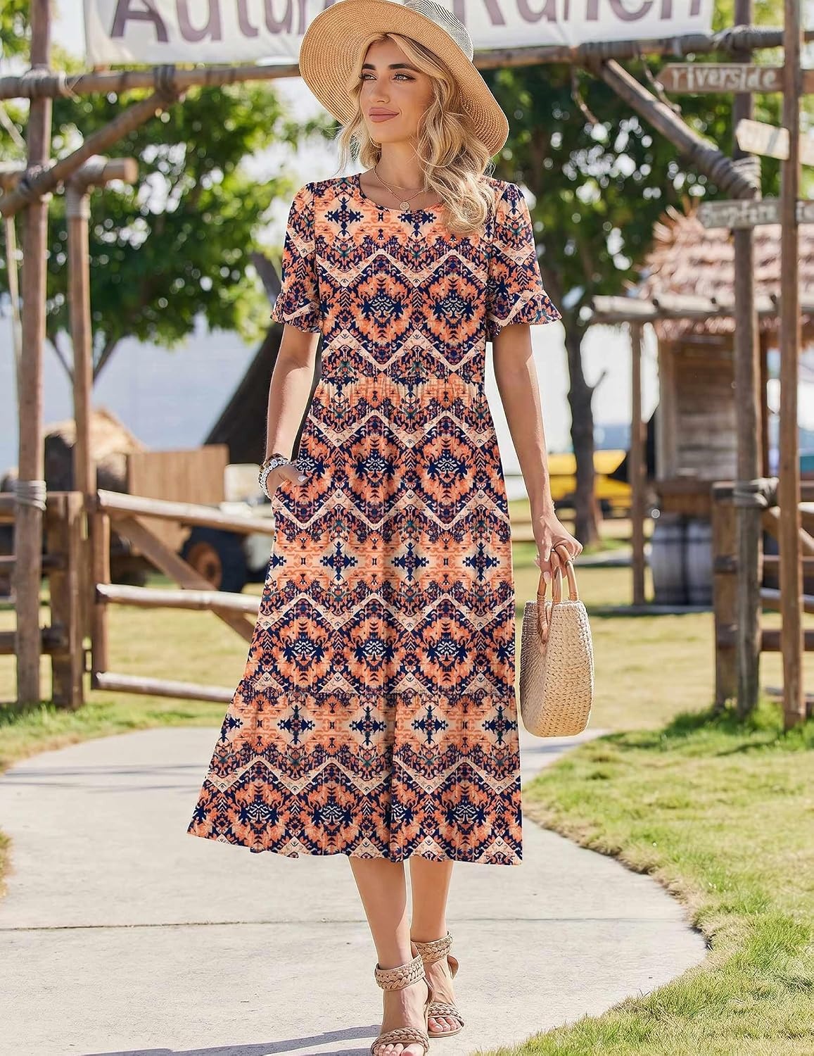 image:imageZeagoo Womens Summer Dresses 2026 Casual Midi Dress Flowy Sundress Ruffle Short Sleeve Tiered Dresses A Line Boho DressBoho Orange