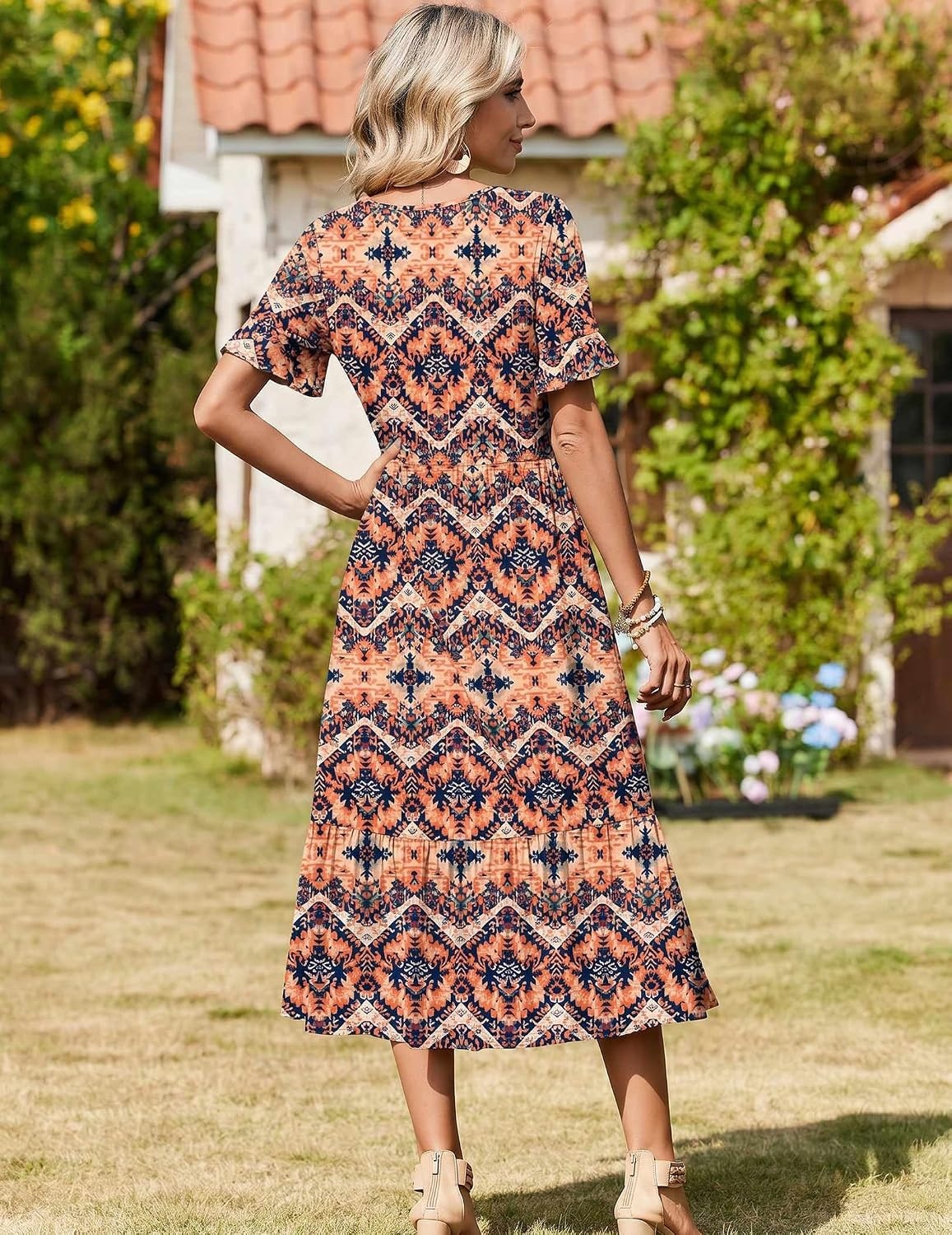 image:imageZeagoo Womens Summer Dresses 2026 Casual Midi Dress Flowy Sundress Ruffle Short Sleeve Tiered Dresses A Line Boho DressBoho Orange