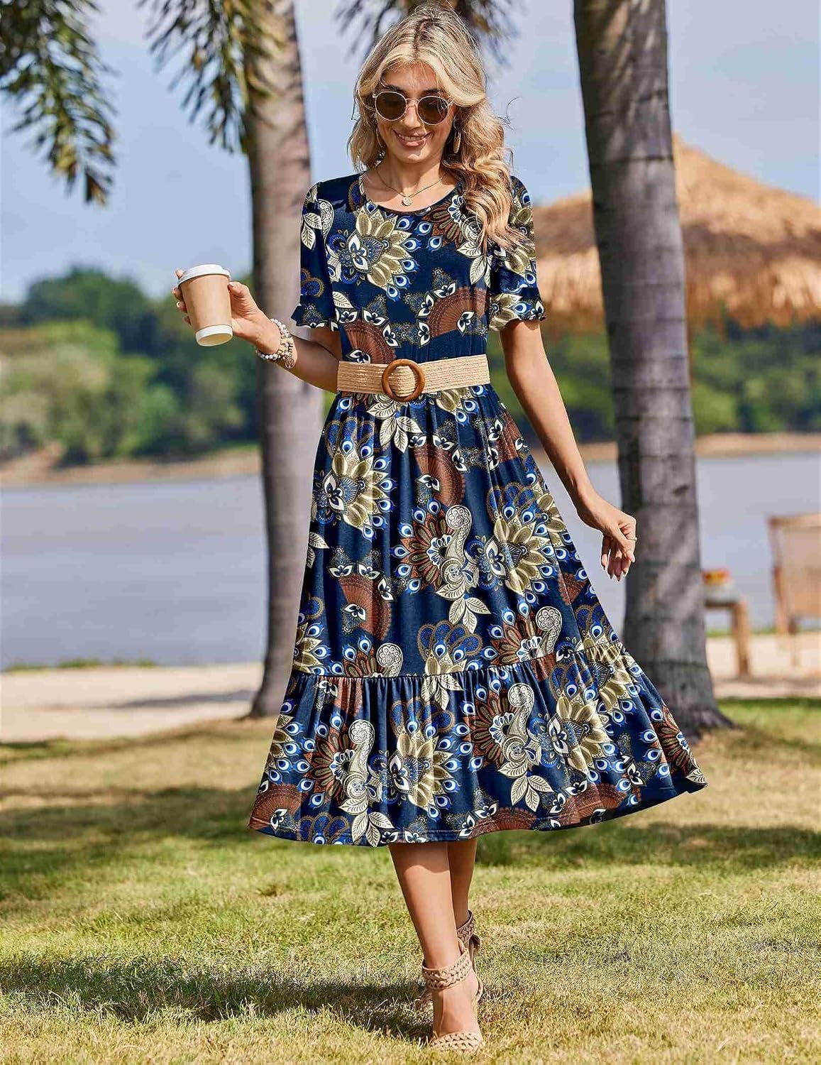 image:imageZeagoo Womens Summer Dresses 2026 Casual Midi Dress Flowy Sundress Ruffle Short Sleeve Tiered Dresses A Line Boho DressBoho Printed