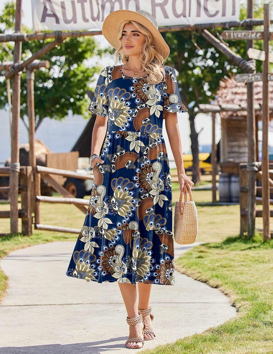 image:imageZeagoo Womens Summer Dresses 2026 Casual Midi Dress Flowy Sundress Ruffle Short Sleeve Tiered Dresses A Line Boho DressBoho Printed