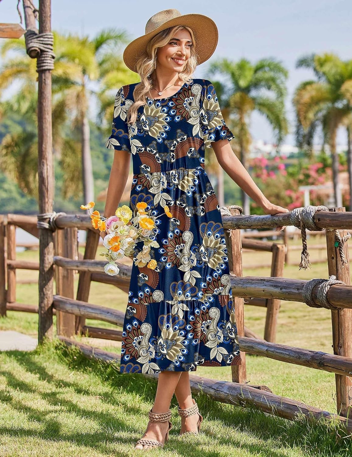 image:imageZeagoo Womens Summer Dresses 2026 Casual Midi Dress Flowy Sundress Ruffle Short Sleeve Tiered Dresses A Line Boho DressBoho Printed