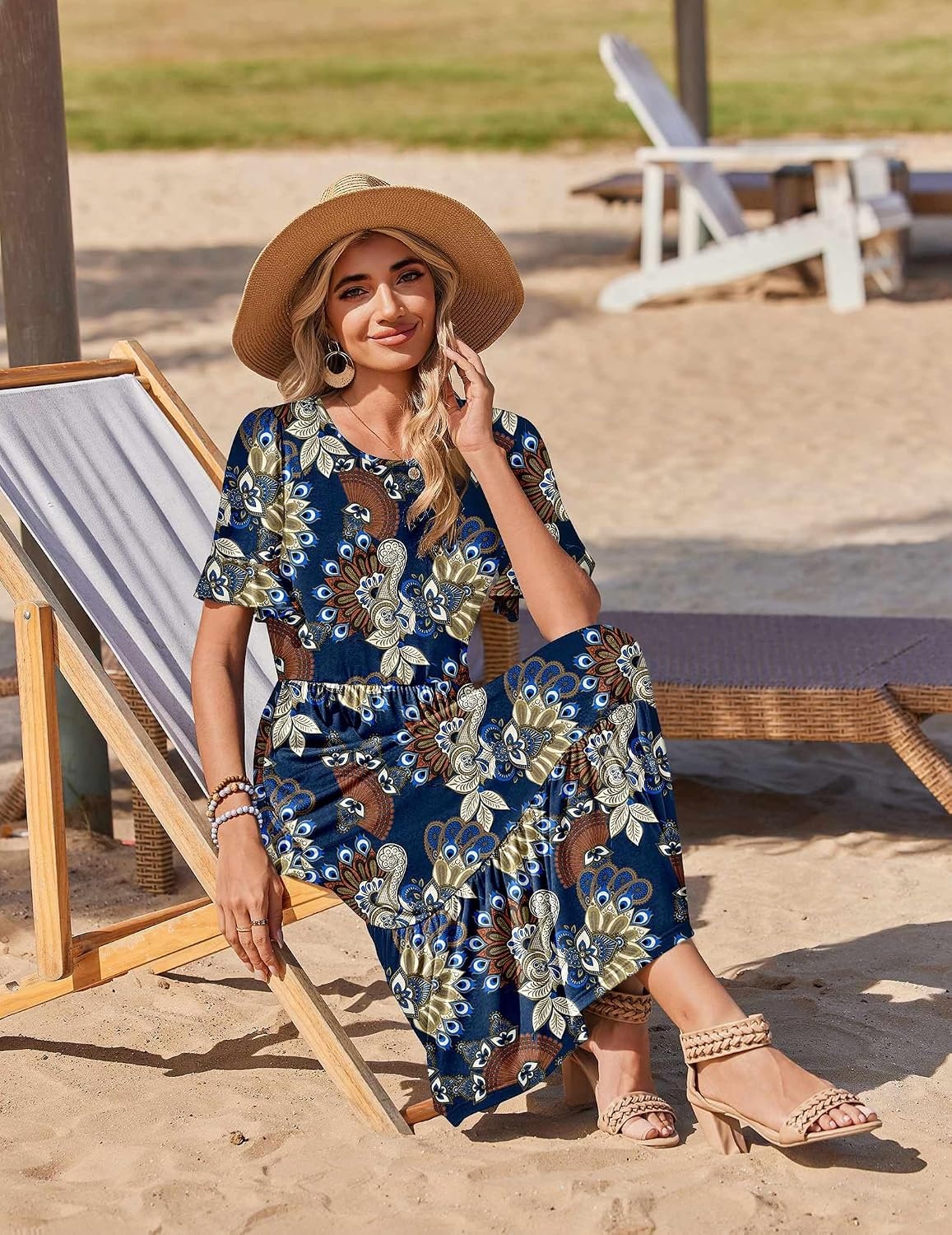 image:imageZeagoo Womens Summer Dresses 2026 Casual Midi Dress Flowy Sundress Ruffle Short Sleeve Tiered Dresses A Line Boho DressBoho Printed
