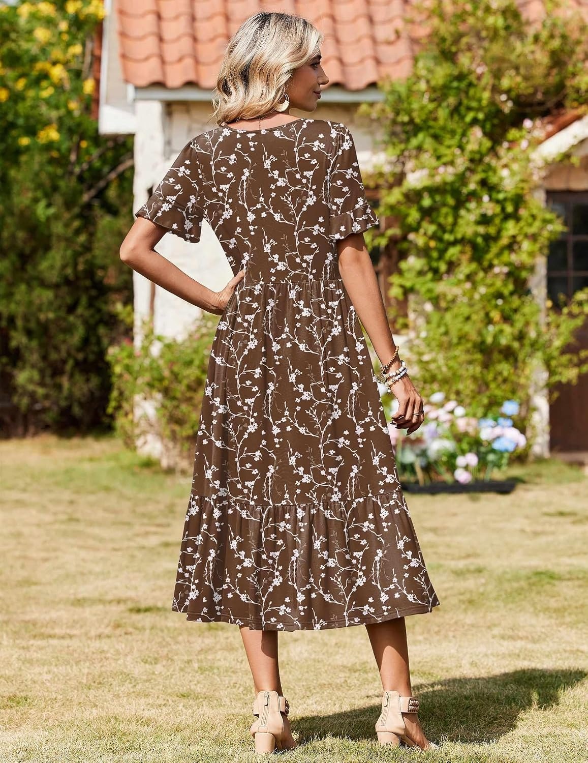 image:imageZeagoo Womens Summer Dresses 2026 Casual Midi Dress Flowy Sundress Ruffle Short Sleeve Tiered Dresses A Line Boho DressBrown Floral