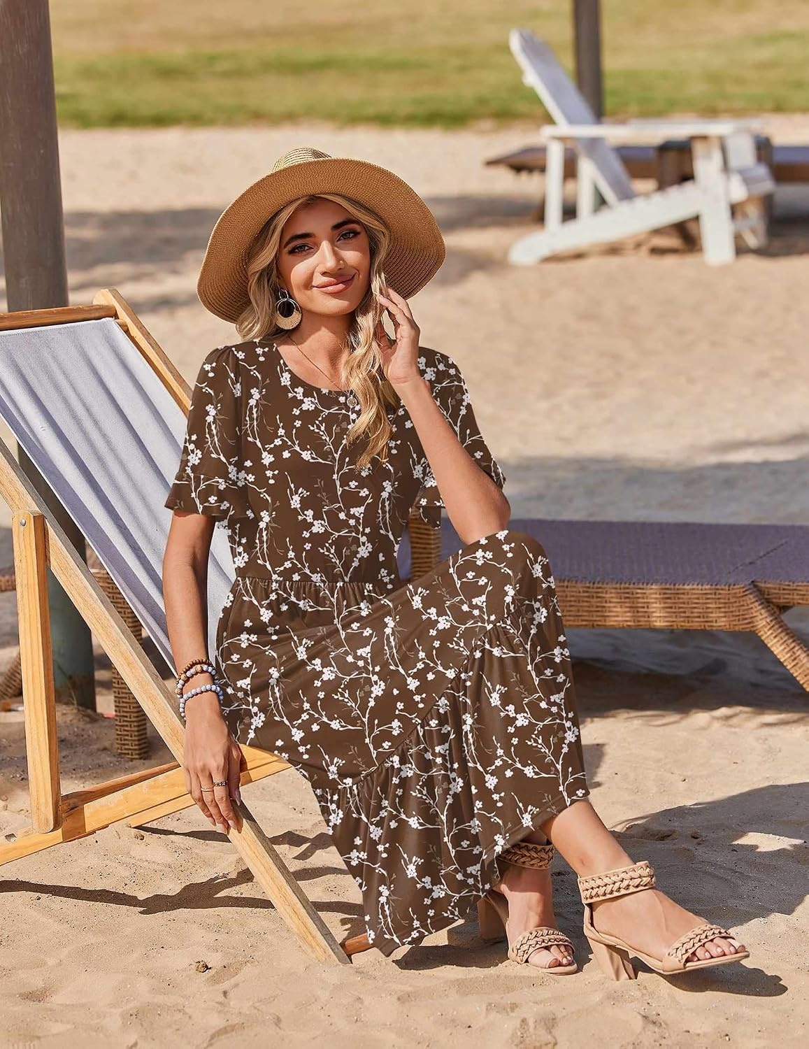 image:imageZeagoo Womens Summer Dresses 2026 Casual Midi Dress Flowy Sundress Ruffle Short Sleeve Tiered Dresses A Line Boho DressBrown Floral