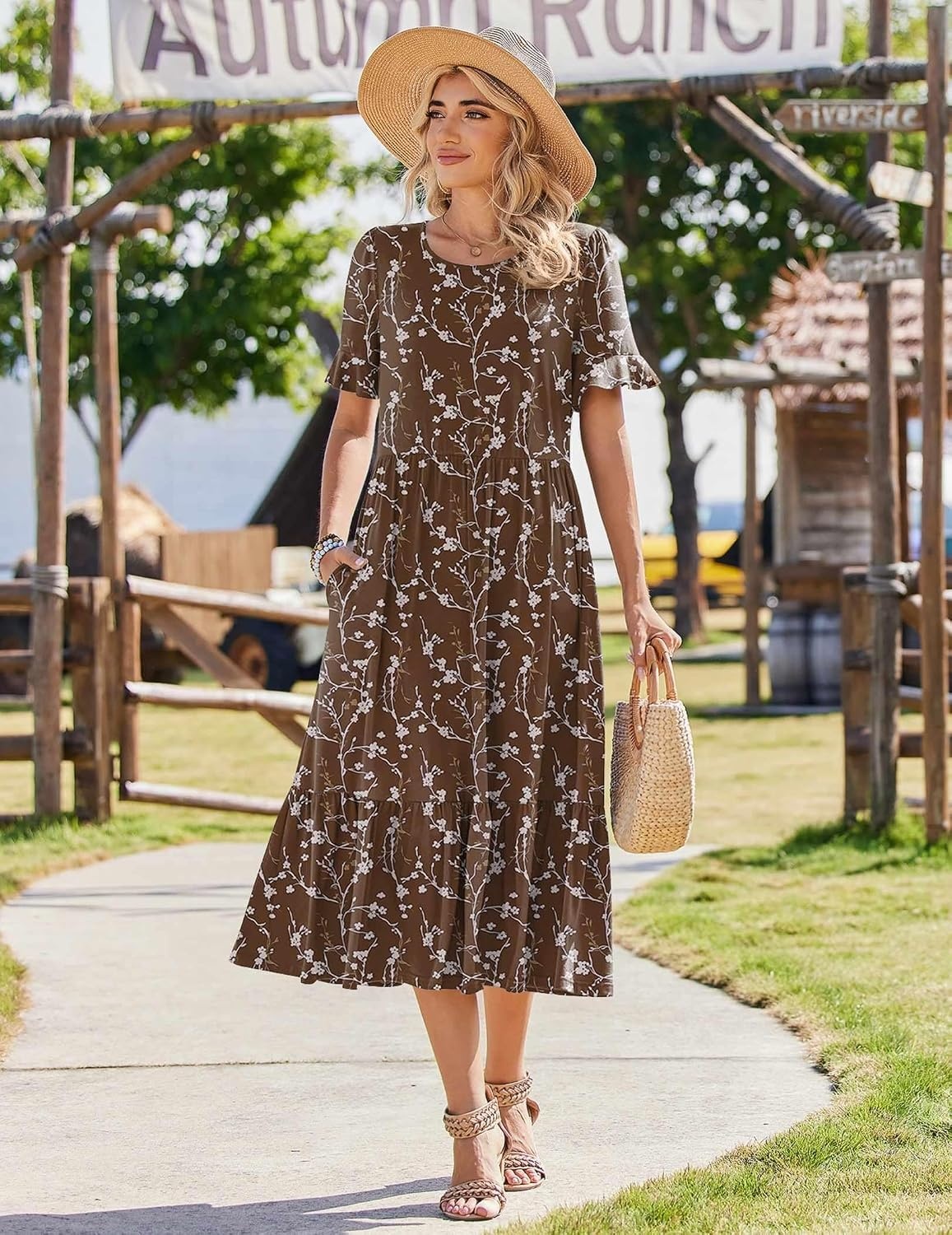 image:imageZeagoo Womens Summer Dresses 2026 Casual Midi Dress Flowy Sundress Ruffle Short Sleeve Tiered Dresses A Line Boho DressBrown Floral