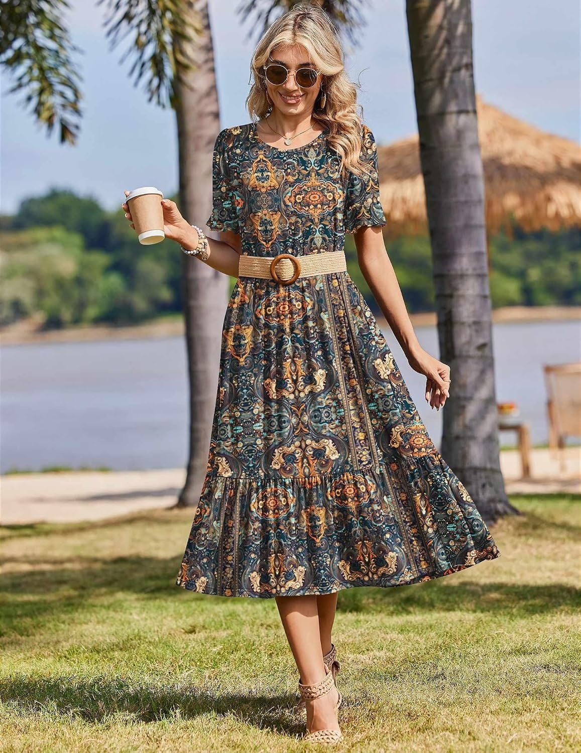 image:imageZeagoo Womens Summer Dresses 2026 Casual Midi Dress Flowy Sundress Ruffle Short Sleeve Tiered Dresses A Line Boho DressChic Printed 02