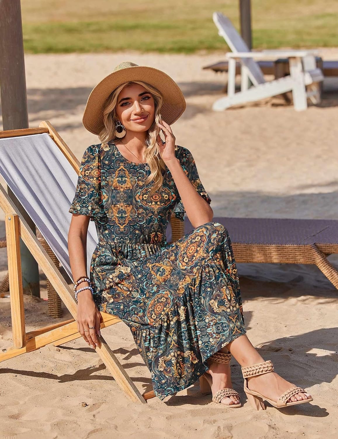 image:imageZeagoo Womens Summer Dresses 2026 Casual Midi Dress Flowy Sundress Ruffle Short Sleeve Tiered Dresses A Line Boho DressChic Printed 02
