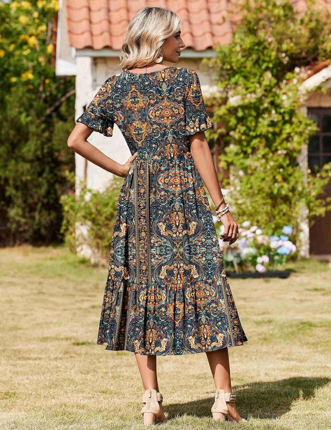 image:imageZeagoo Womens Summer Dresses 2026 Casual Midi Dress Flowy Sundress Ruffle Short Sleeve Tiered Dresses A Line Boho DressChic Printed 02