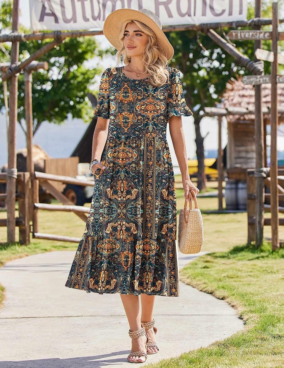 image:imageZeagoo Womens Summer Dresses 2026 Casual Midi Dress Flowy Sundress Ruffle Short Sleeve Tiered Dresses A Line Boho DressChic Printed 02