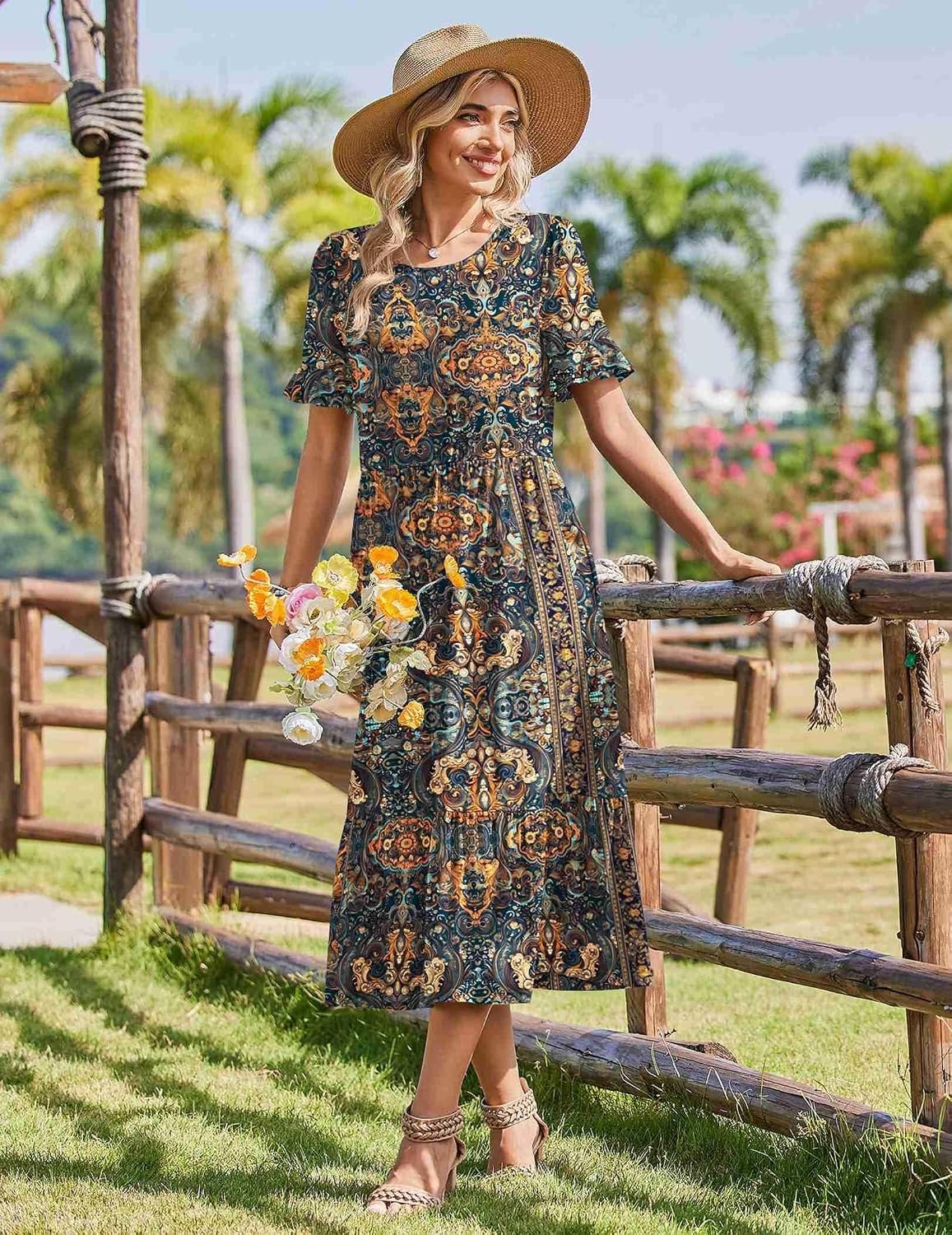 image:imageZeagoo Womens Summer Dresses 2026 Casual Midi Dress Flowy Sundress Ruffle Short Sleeve Tiered Dresses A Line Boho DressChic Printed 02