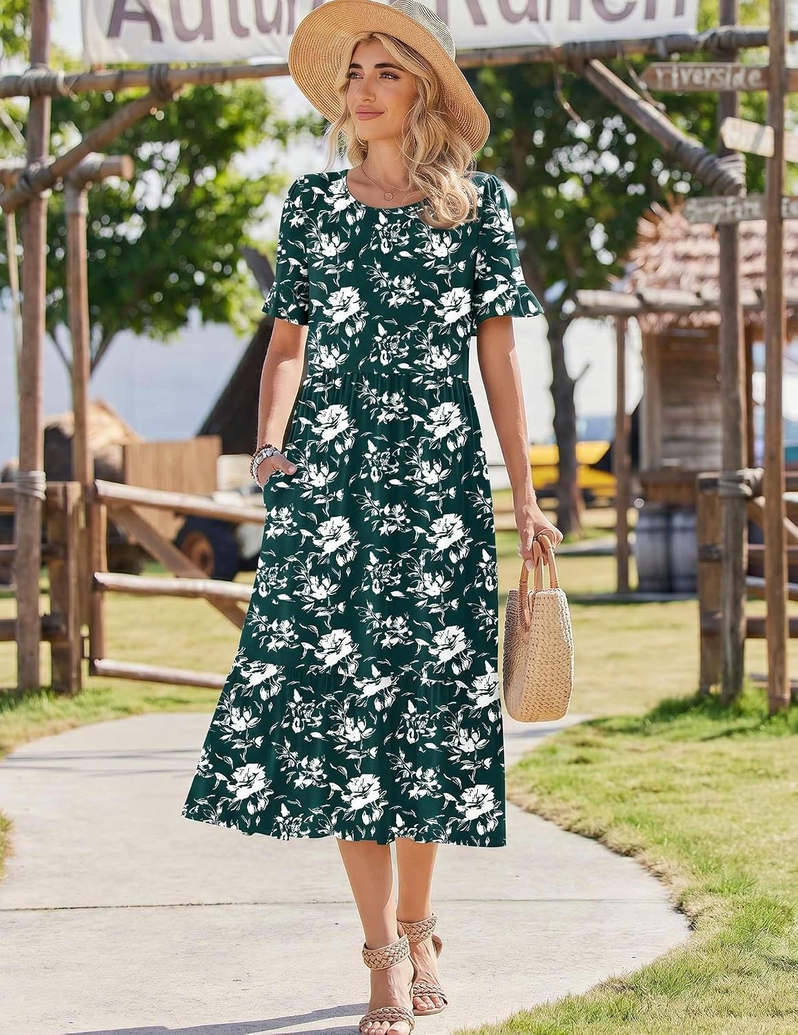 image:imageZeagoo Womens Summer Dresses 2026 Casual Midi Dress Flowy Sundress Ruffle Short Sleeve Tiered Dresses A Line Boho DressDeep Green Floral