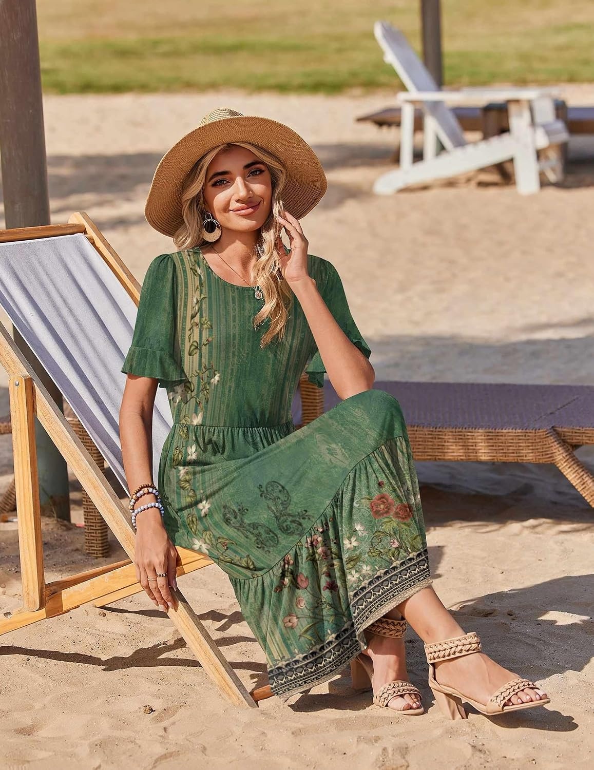 image:imageZeagoo Womens Summer Dresses 2026 Casual Midi Dress Flowy Sundress Ruffle Short Sleeve Tiered Dresses A Line Boho DressGreen Floral
