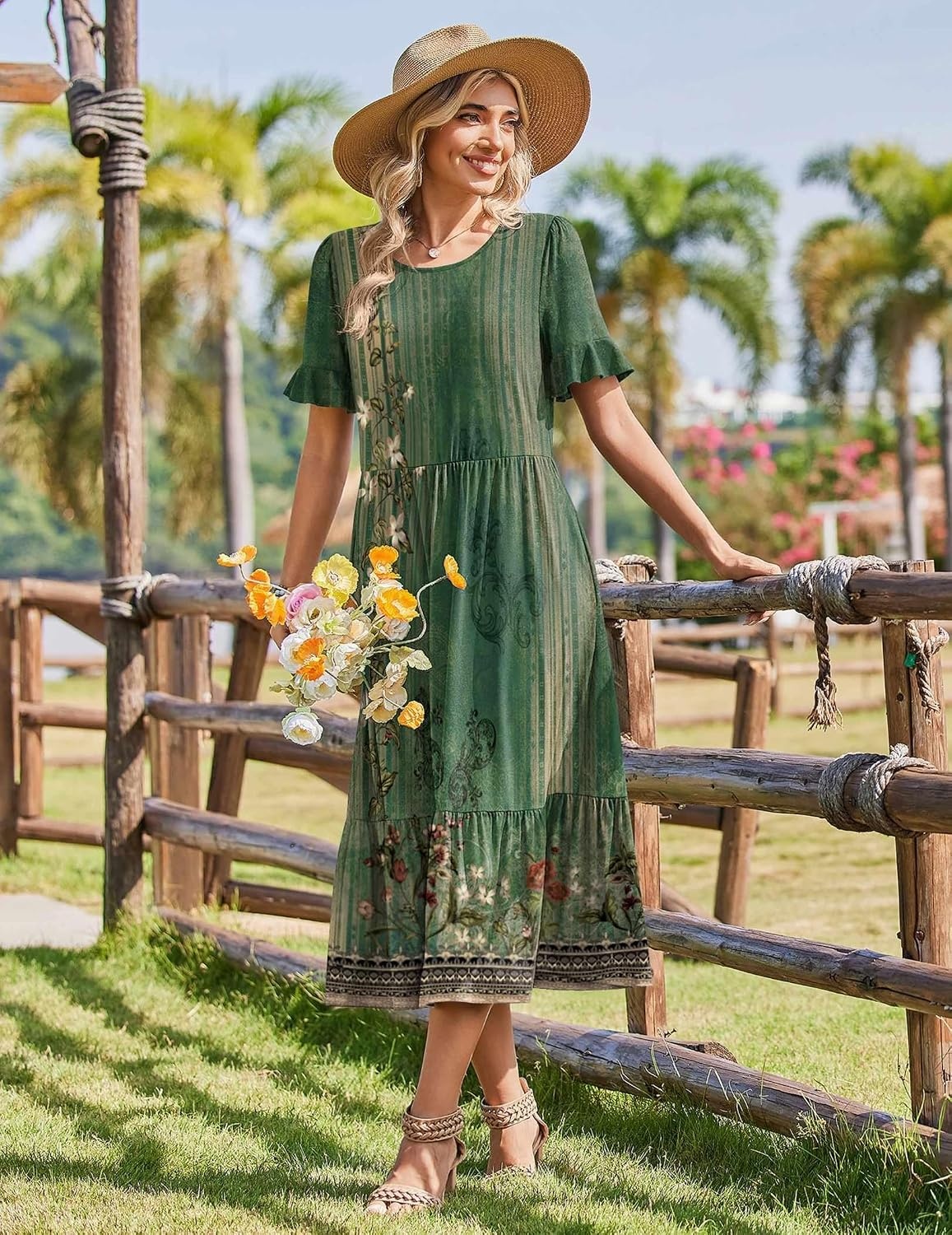 image:imageZeagoo Womens Summer Dresses 2026 Casual Midi Dress Flowy Sundress Ruffle Short Sleeve Tiered Dresses A Line Boho DressGreen Floral