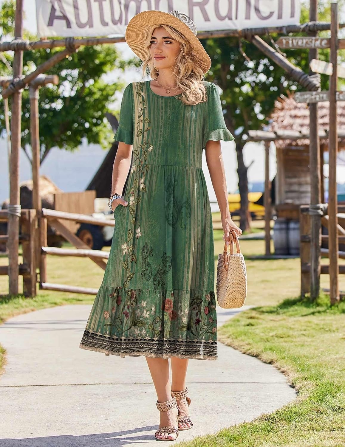image:imageZeagoo Womens Summer Dresses 2026 Casual Midi Dress Flowy Sundress Ruffle Short Sleeve Tiered Dresses A Line Boho DressGreen Floral