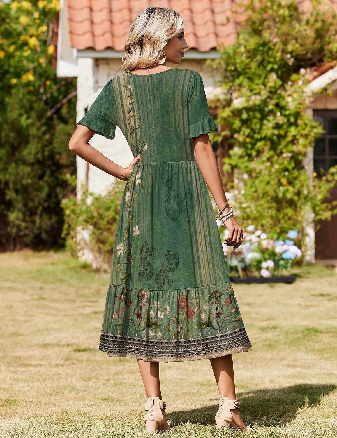 image:imageZeagoo Womens Summer Dresses 2026 Casual Midi Dress Flowy Sundress Ruffle Short Sleeve Tiered Dresses A Line Boho DressGreen Floral