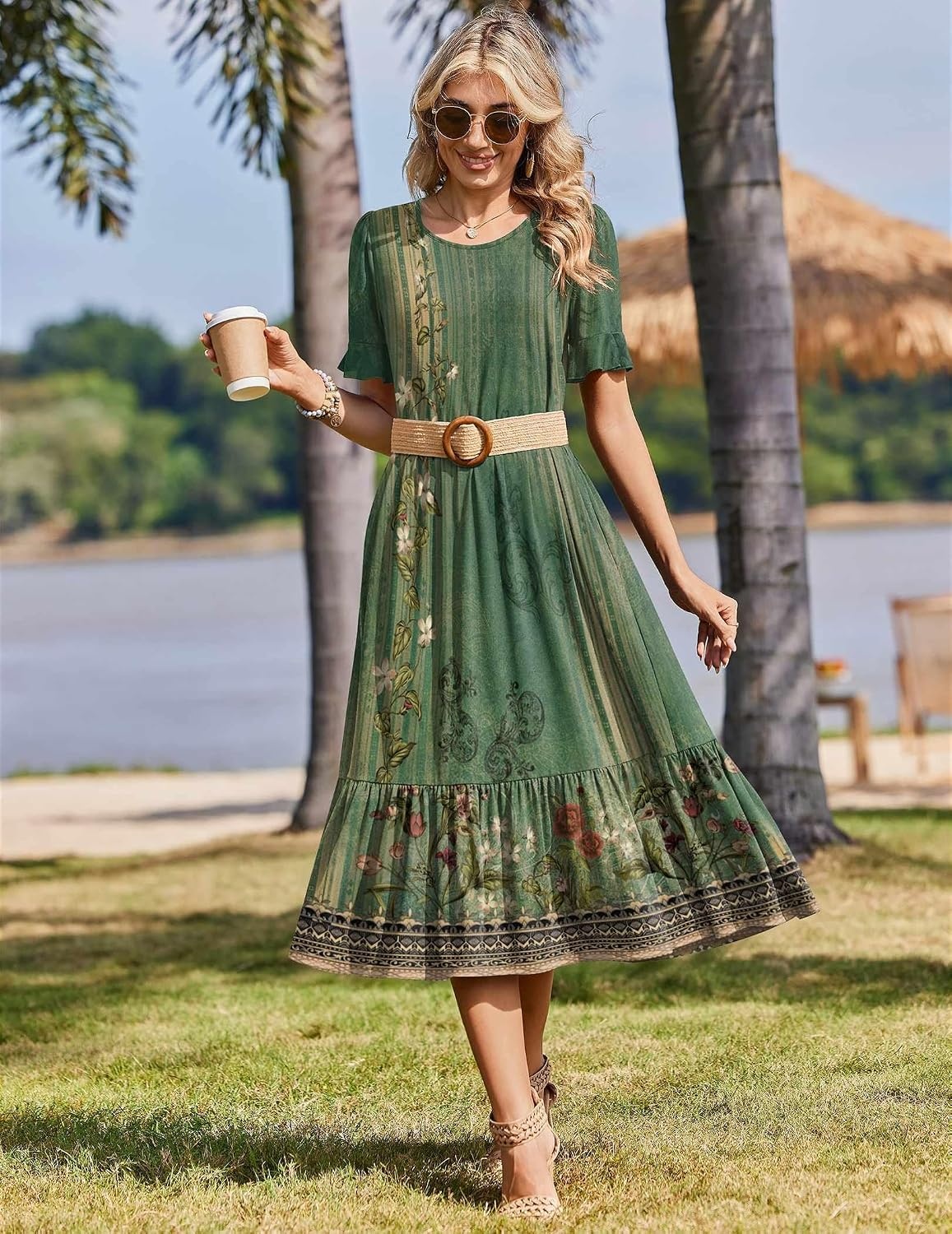 image:imageZeagoo Womens Summer Dresses 2026 Casual Midi Dress Flowy Sundress Ruffle Short Sleeve Tiered Dresses A Line Boho DressGreen Floral