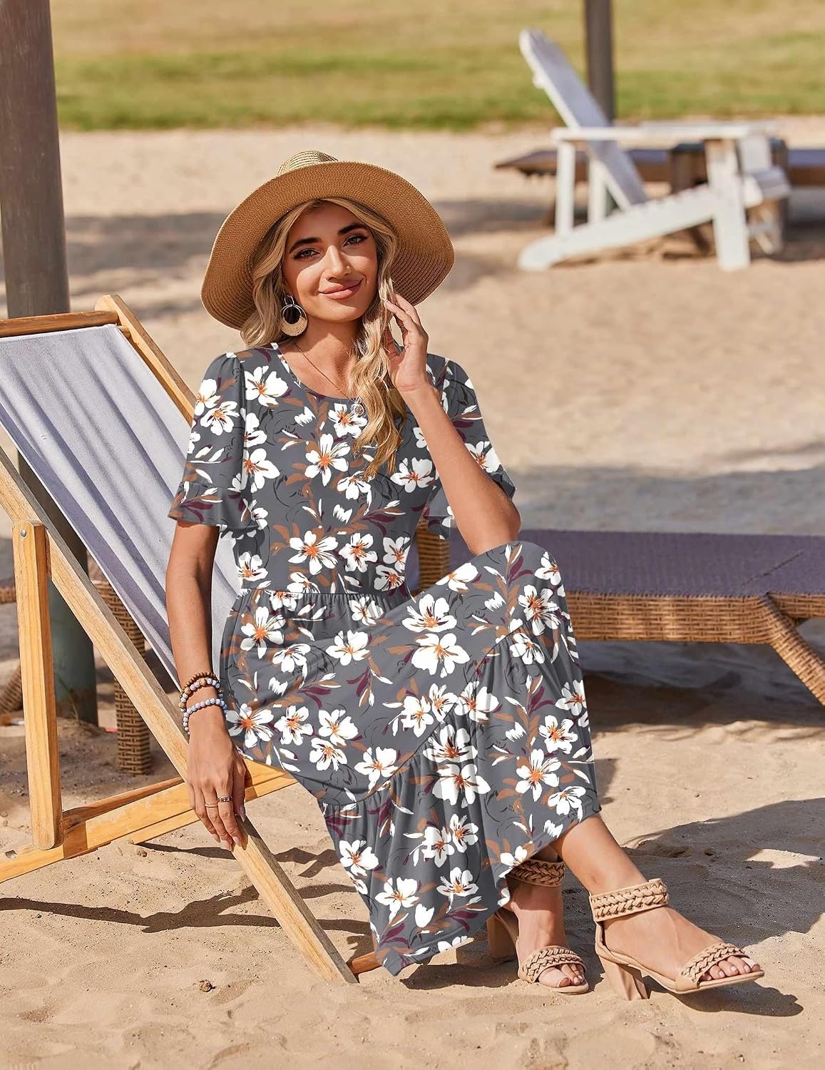 image:imageZeagoo Womens Summer Dresses 2026 Casual Midi Dress Flowy Sundress Ruffle Short Sleeve Tiered Dresses A Line Boho DressGrey Flower