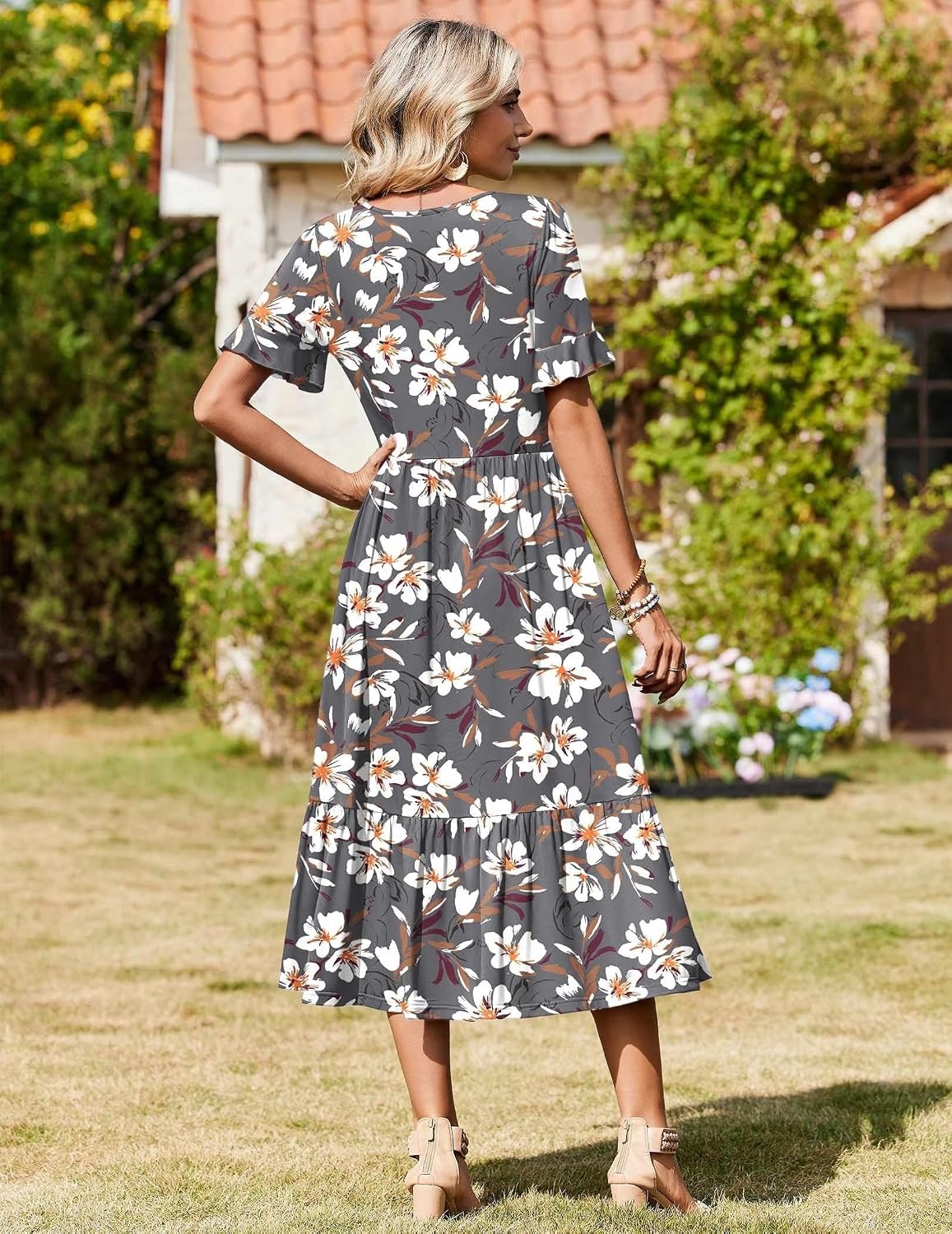 image:imageZeagoo Womens Summer Dresses 2026 Casual Midi Dress Flowy Sundress Ruffle Short Sleeve Tiered Dresses A Line Boho DressGrey Flower