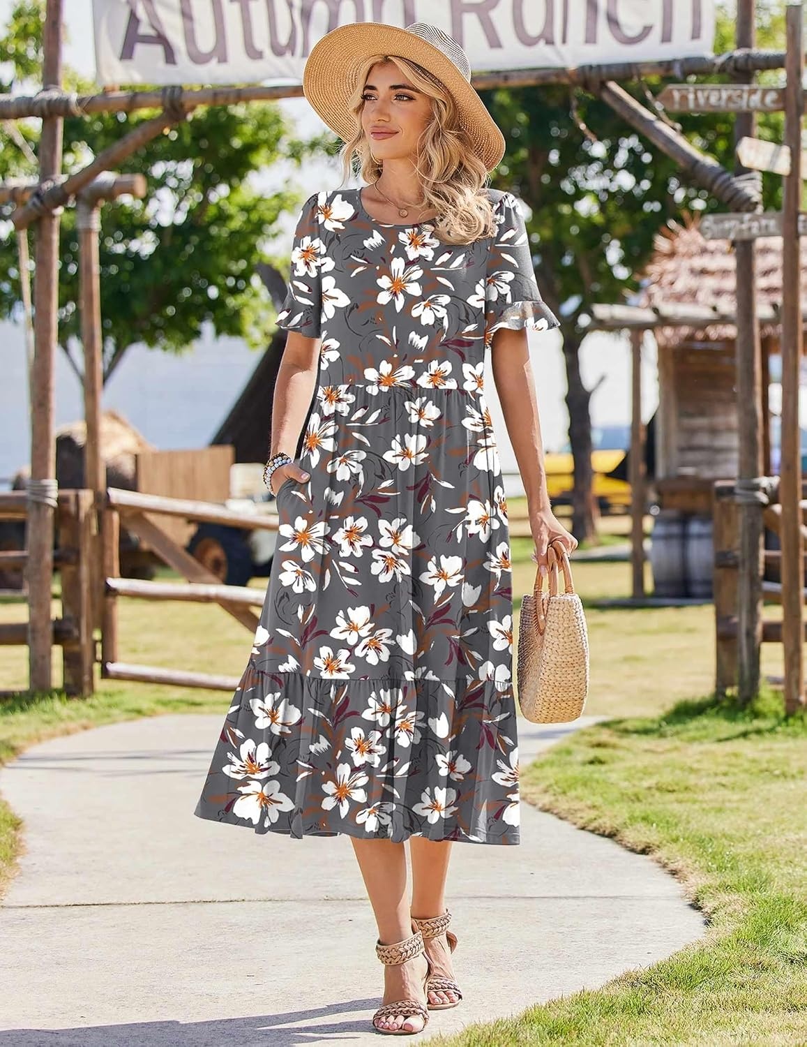 image:imageZeagoo Womens Summer Dresses 2026 Casual Midi Dress Flowy Sundress Ruffle Short Sleeve Tiered Dresses A Line Boho DressGrey Flower