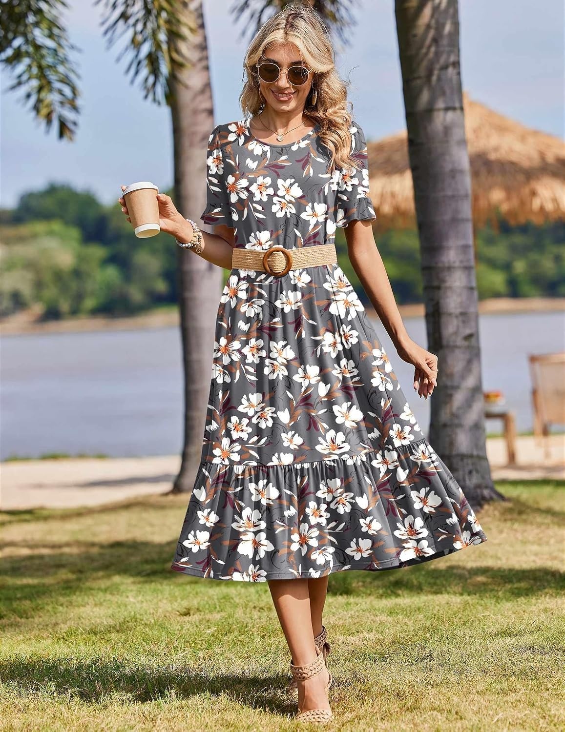 image:imageZeagoo Womens Summer Dresses 2026 Casual Midi Dress Flowy Sundress Ruffle Short Sleeve Tiered Dresses A Line Boho DressGrey Flower